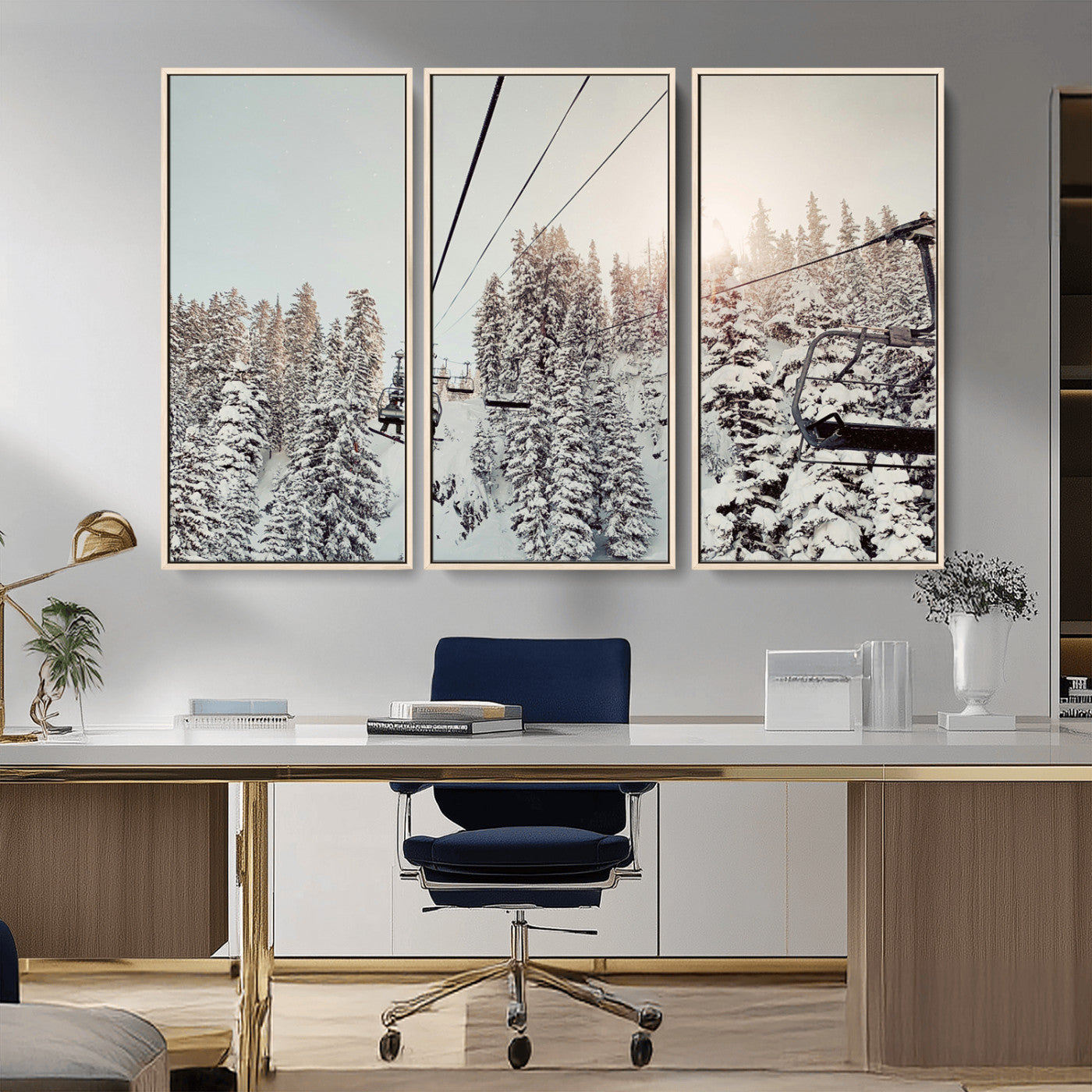 91534512-MGV-CV-36X24-Frosty Pines Wall Art Canvas Print – Framed Cozy Cabin Ski Lift Ride Winter Scene Artwork for Home Office