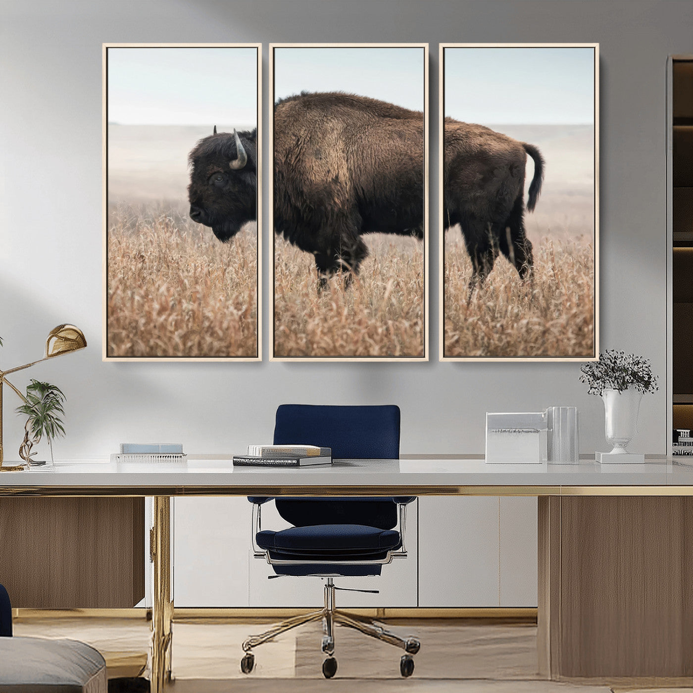 -American Bison Field Wall Art Canvas Print – Majestic Buffalo Grazing Wide Open Plains Wildlife Artwork for Home, Office