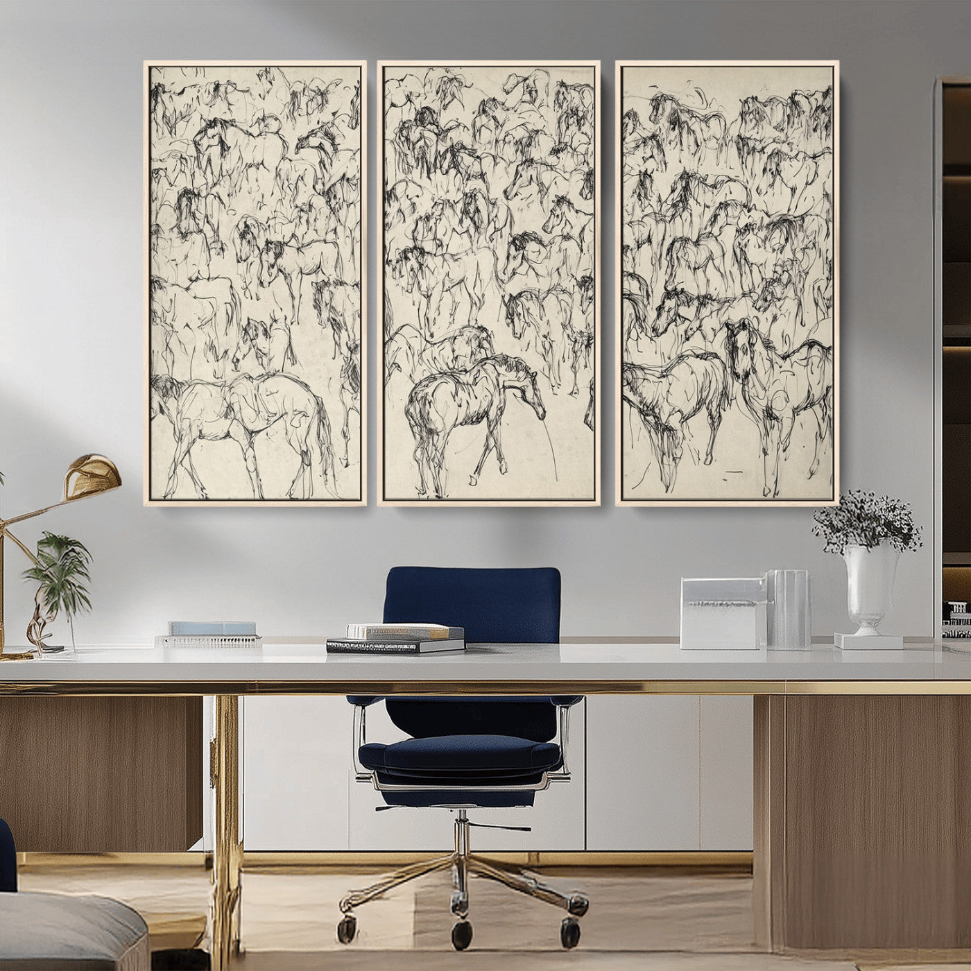 86653927-MGV-CV-36X24-Wild Horse Stampede Wall Art Canvas Print – Monochrome Running Horses Dynamic Motion Elegant Artwork for Home, Office