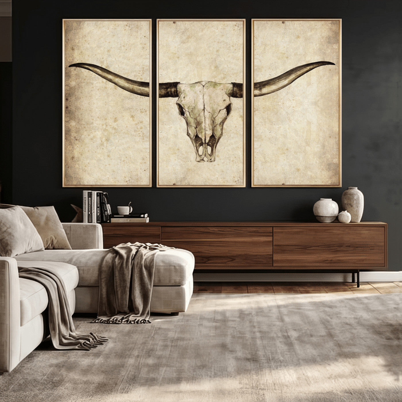 42788678-MGV-CV-36X24 - Longhorn Skull Wall Art Canvas Print – Rustic Western Artwork Print for Living Room Wall Decor