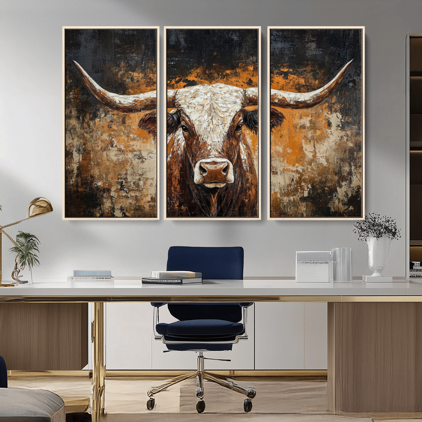 25265572-MGV-CV-36X24-Rustic Longhorn Bull Wall Art Canvas Print – Vintage Western Cattle Scene, Texas Steer Artwork for Home, Office