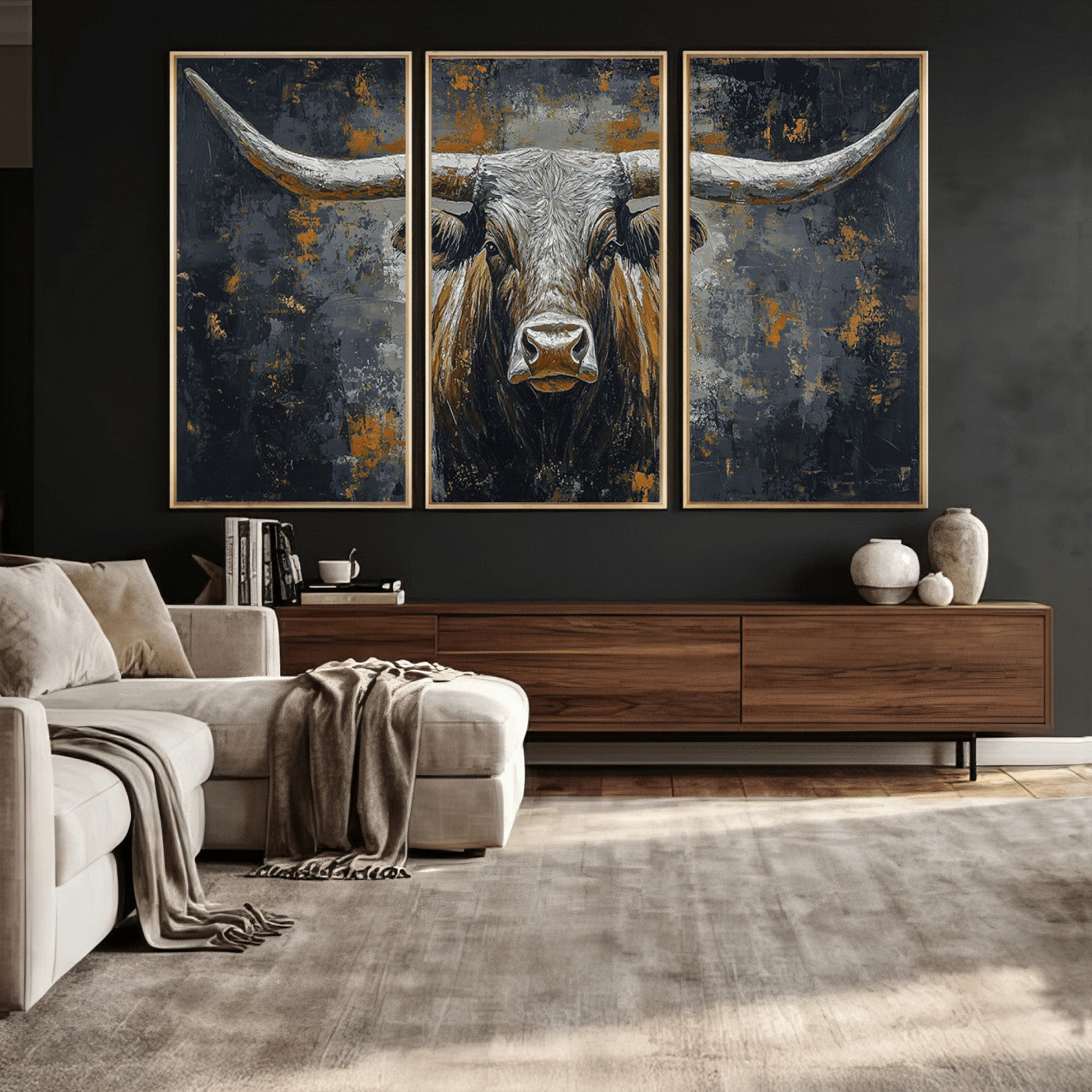 73972561-MGV-CV-36X24 - Bold Bull Wall Art Canvas – Striking Portrait with Wide Horns and Rich Brown Hues, Rustic Farmhouse and Western Decor for Home Room