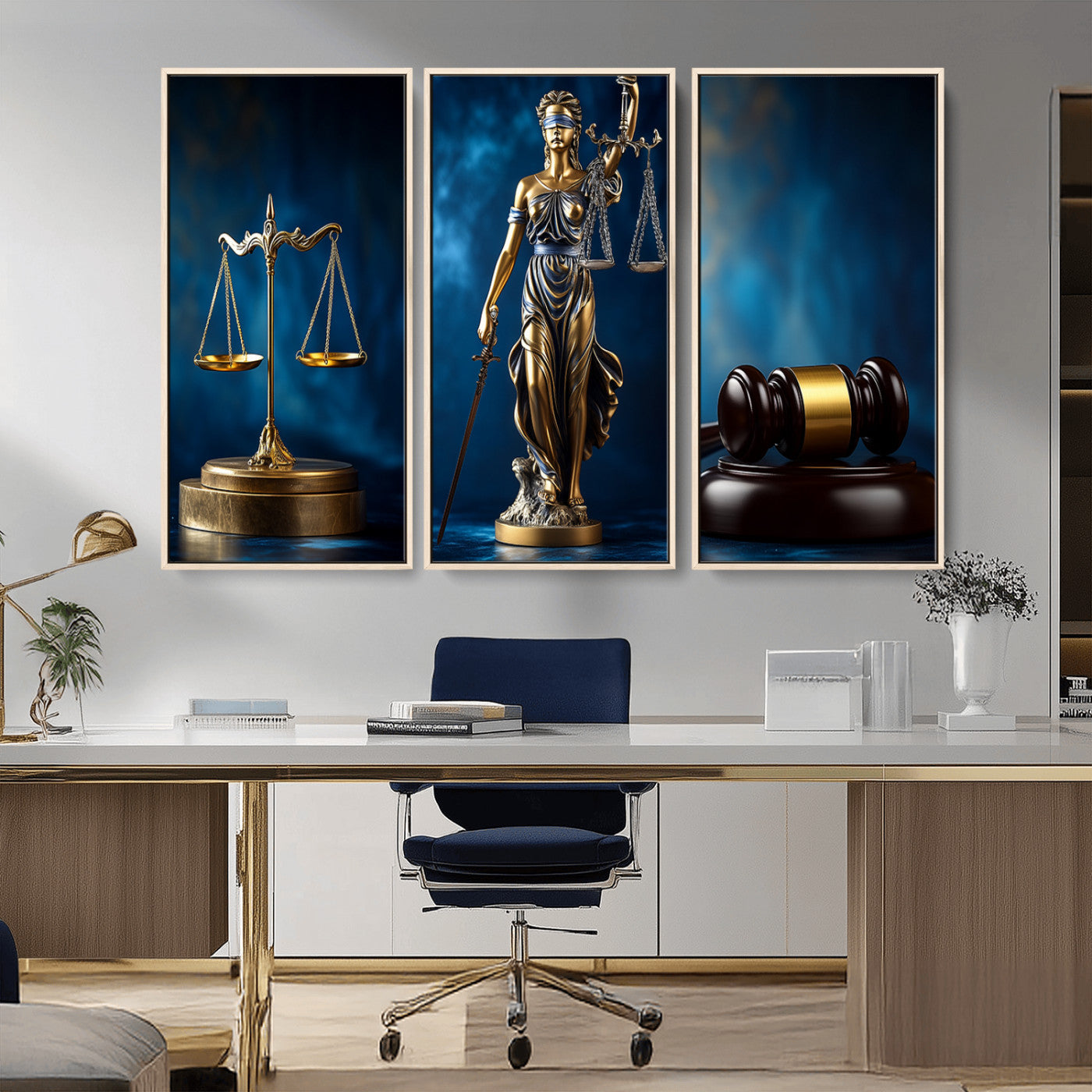 33888279-MGV-FP-36X24-3P_Walnut-Lady Justice Wall Art Canvas Print – Elegant Gold Legal Symbols Blue Background, Perfect for Law