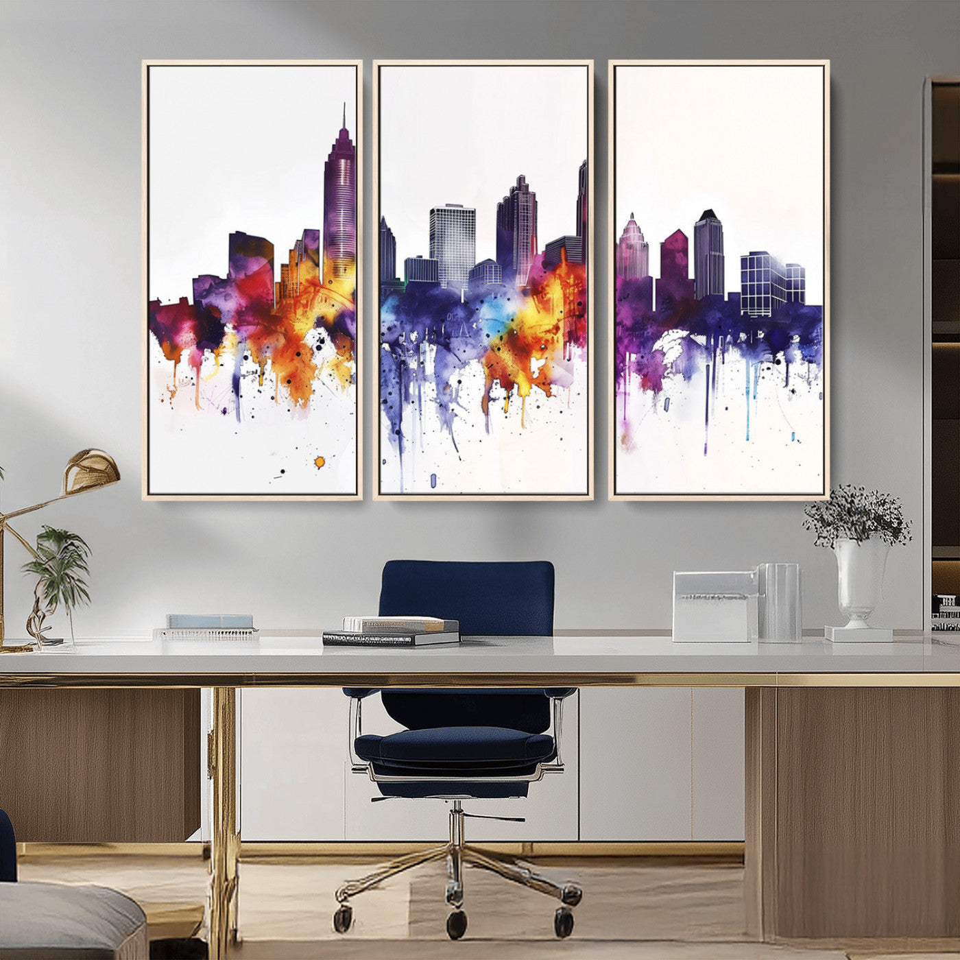 34479880-MGV-CV-36X24-Atlanta Skyline Wall Art Canvas Print – Framed Colorful Watercolor Cityscape Artwork for Home, Office, Living Room