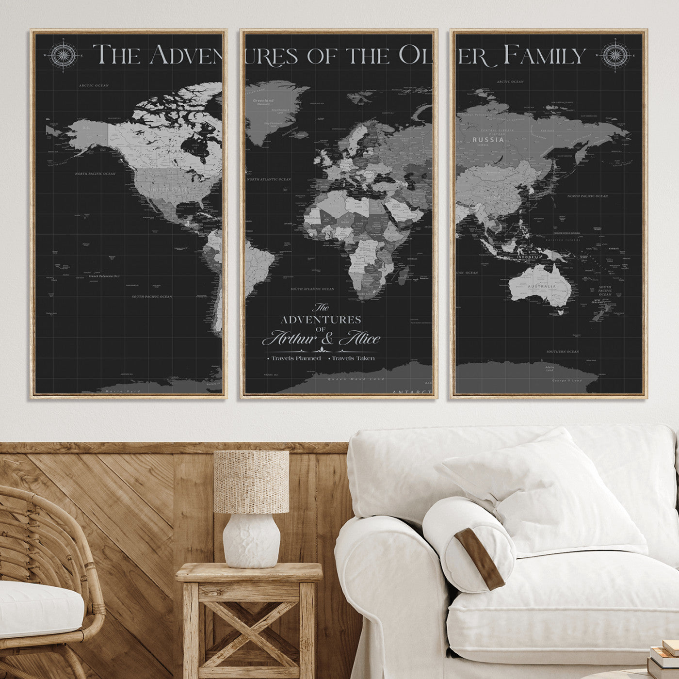 -Personalized Family World Map Canvas – Custom Framed Push Pin Travel Tracker, Modern Adventure Wall Art for Home, Office
