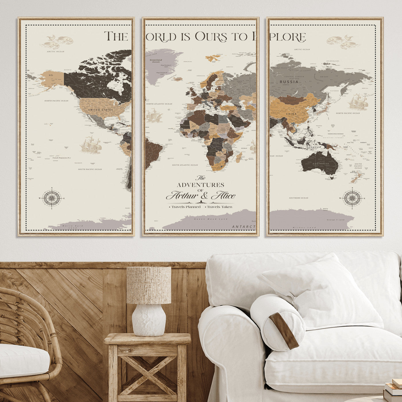 -Personalized World Map Canvas Custom Framed Push Pin Travel Tracker Contemporary Wall Art Gift Couples Explorers Home Office