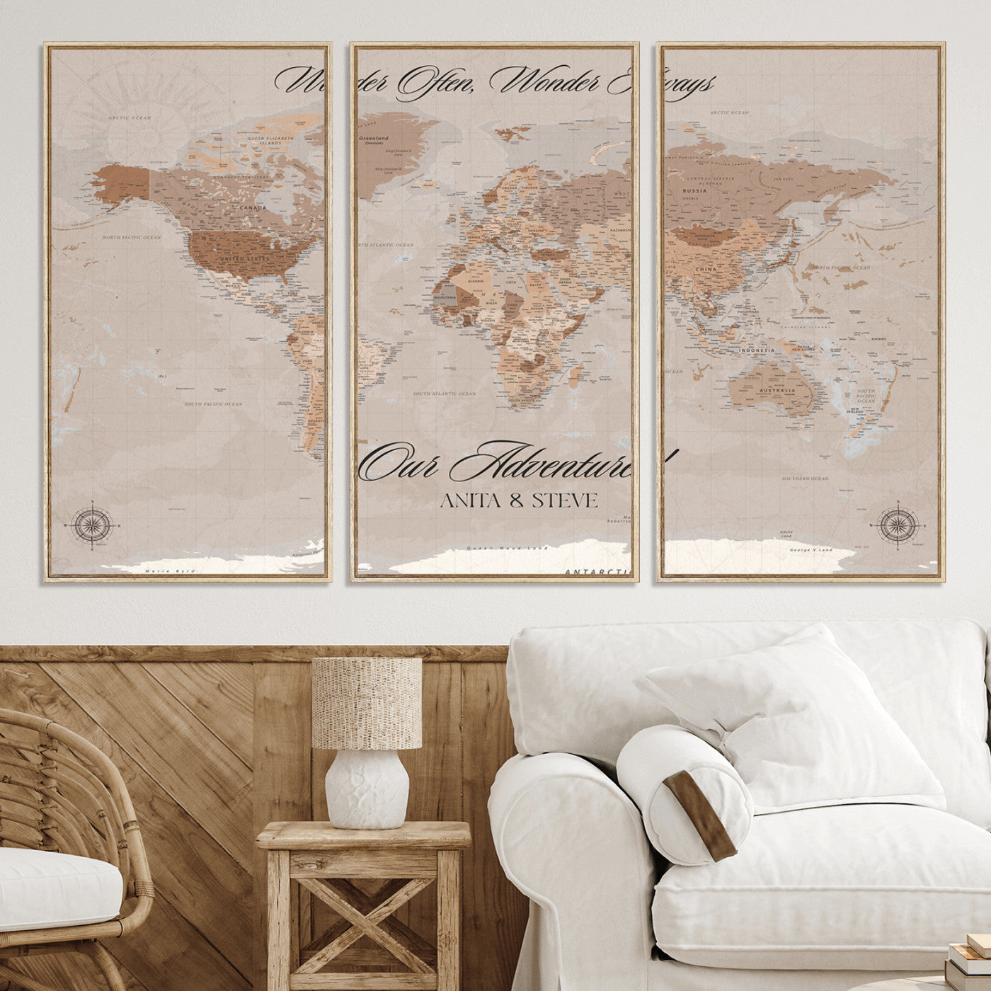 -Personalized World Map Canvas Custom Framed Push Pin Travel Tracker Elegant Neutral Wall Art Gift Couples Travelers for Home, Office