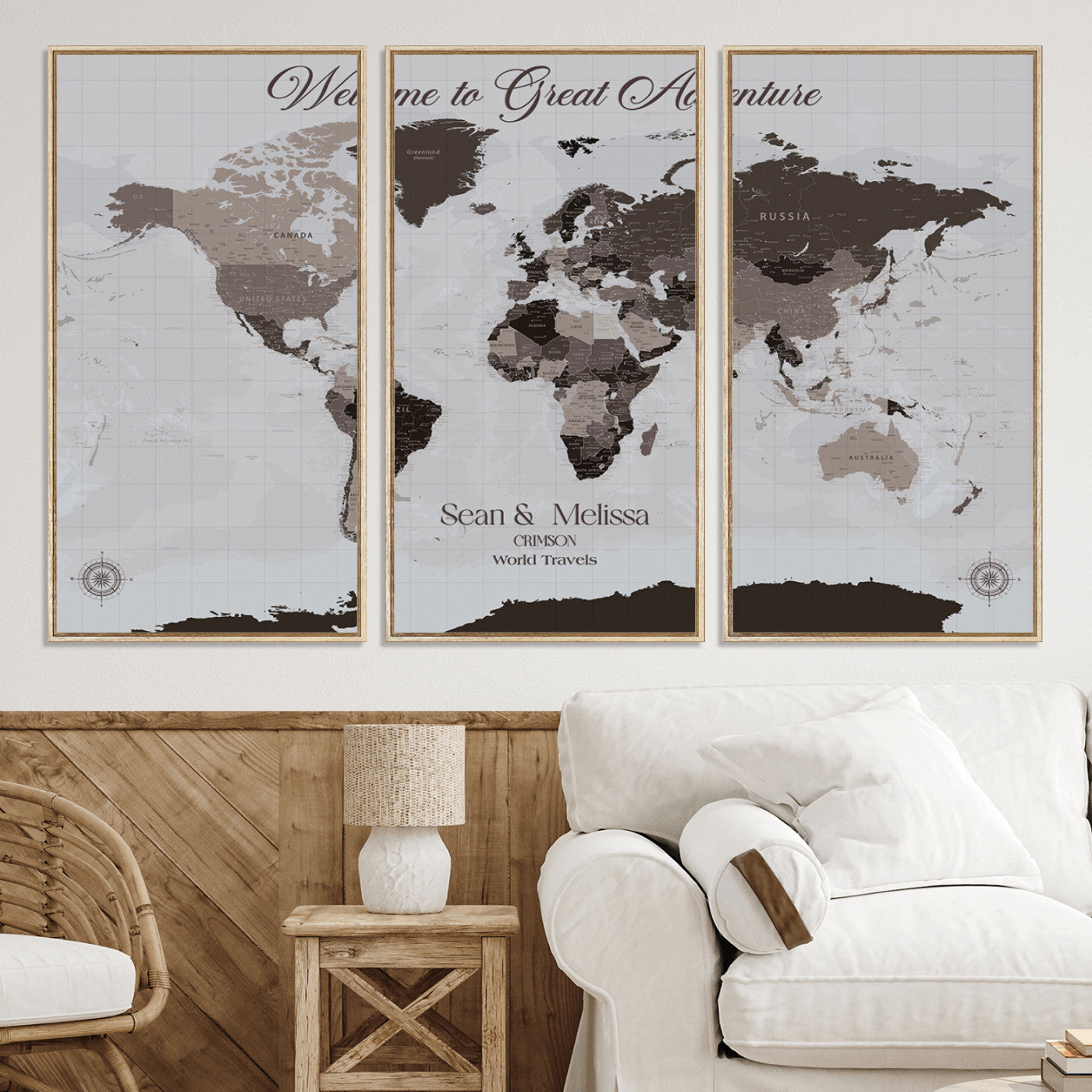 -Personalized Gray Brown World Map Canvas Custom Framed Push Pin Travel Tracker Modern Neutral Wall Art Gift Couples for Home, Office