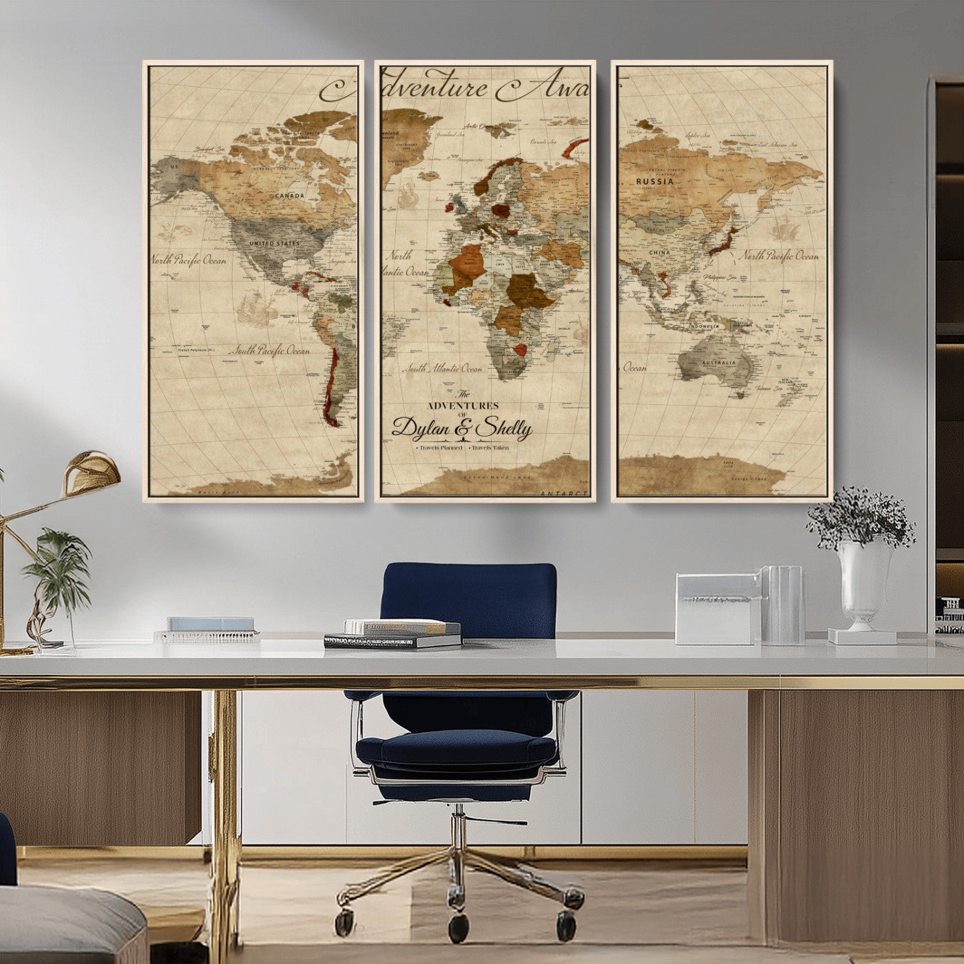 Rehber01-MGV-CV-36X24-Personalized World Map Canvas – Custom Framed Push Pin Travel Map Wall Art with Names, Vintage Style Gift for Couples