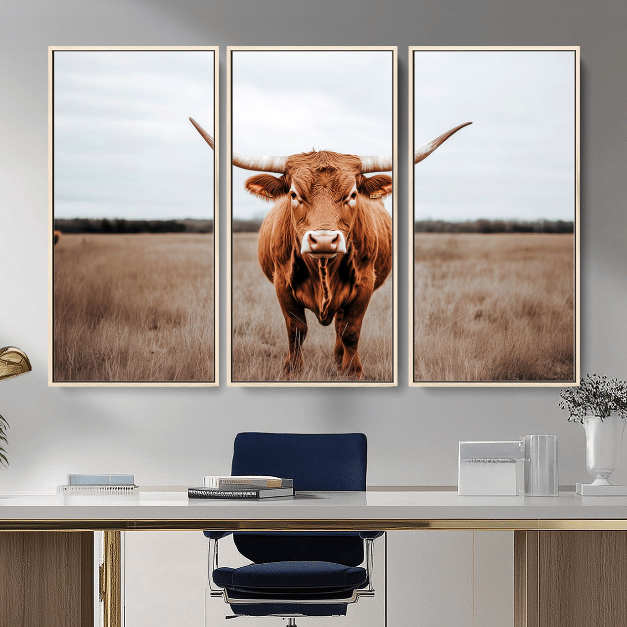 16316734-MGV-FC-48X32-3P - Longhorn bull, open field, rustic charm, natural beauty, Wall Art Canvas Print, countryside,