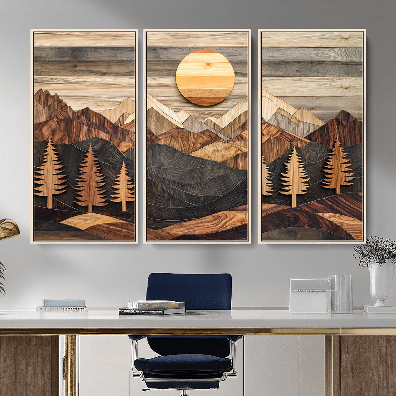 19832326-MGV-FC-48X32-3P - Wooden Mountain Landscape Layered Texture Geometric Shapes Sun Pine Trees Rustic Natural Tones Art