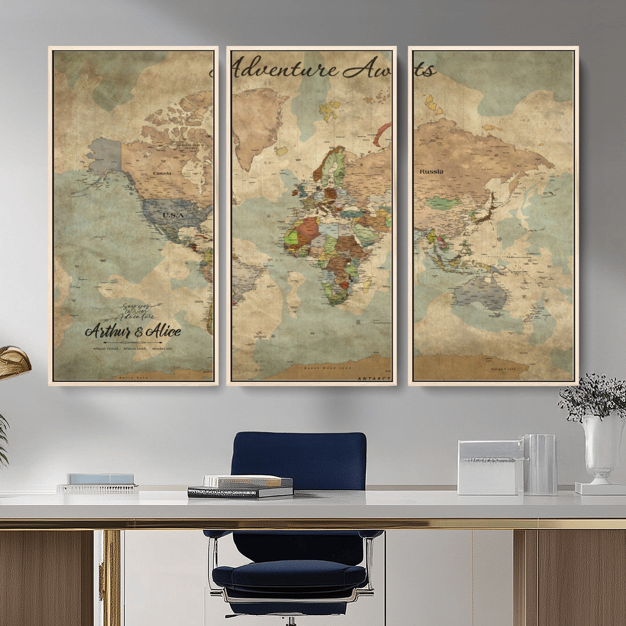 MGV-FC-48X32-3P - Personalized World Map Wall Art Canvas Print – Custom Push Pin Travel Map for Couples, Families, or Office Décor