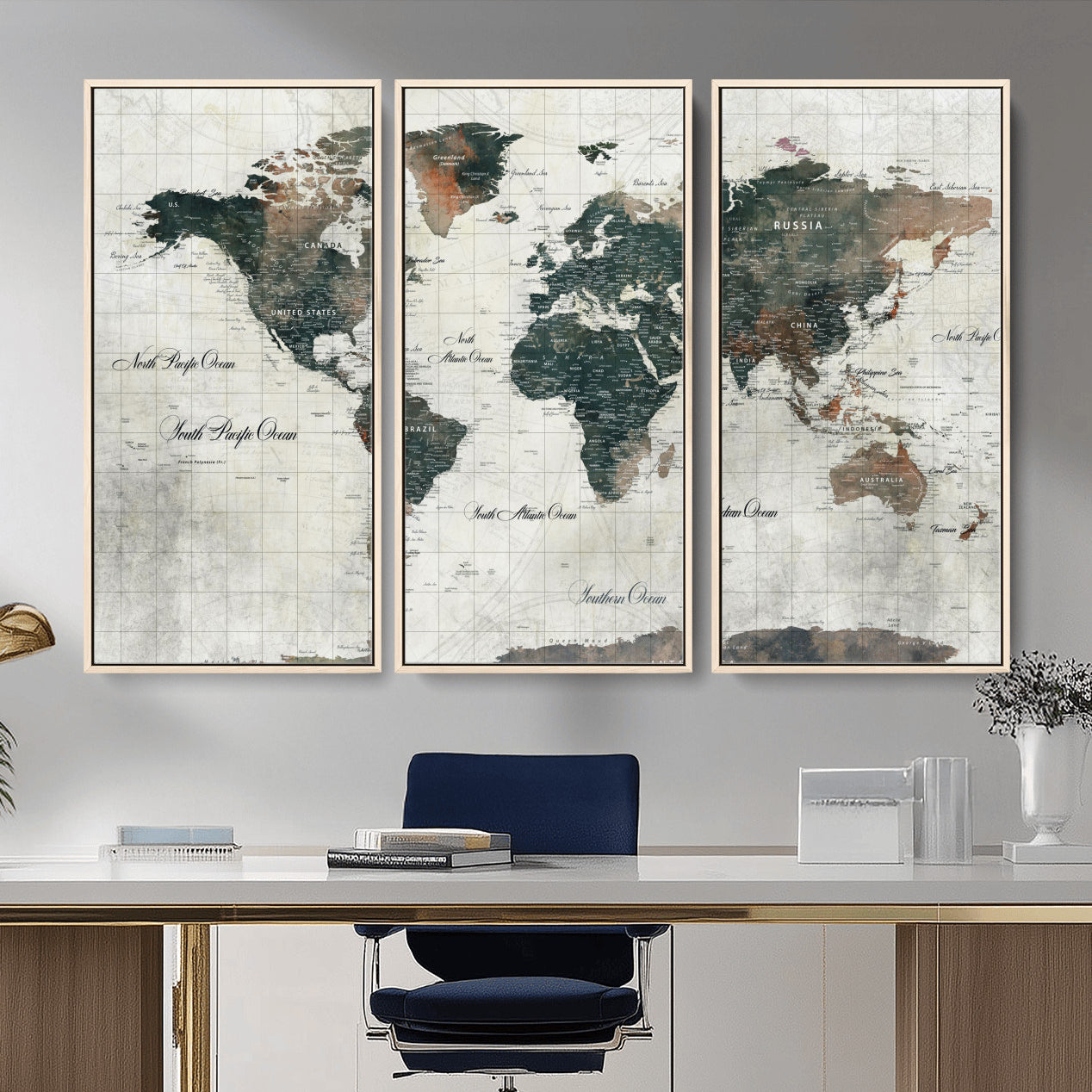 90149079-MGV-FC-48X32-3P - World Map Wall Art Canvas Print, Modern Decorative Framed Map Artwork Prints for Living Room, Office, Bedroom Wall Decor