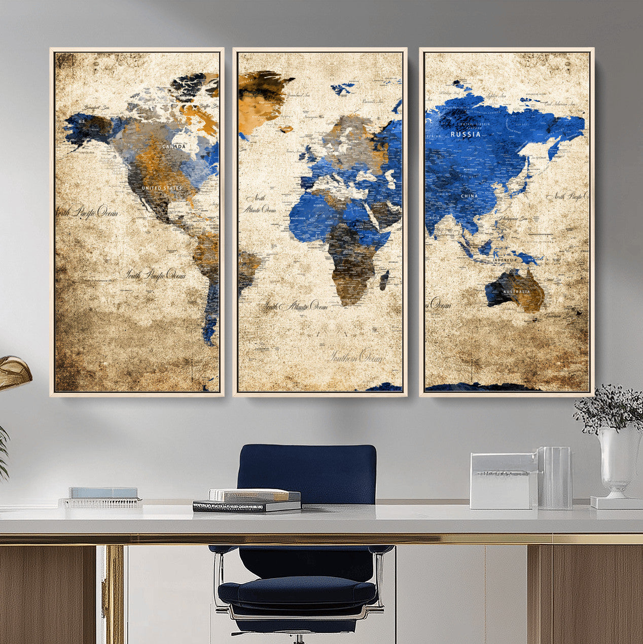13564339-MGV-FC-48X32-3P - World Map Wall Art Canvas Print, Modern Decorative Framed Map Artwork Prints for Living Room, Office, Bedroom Wall Decor