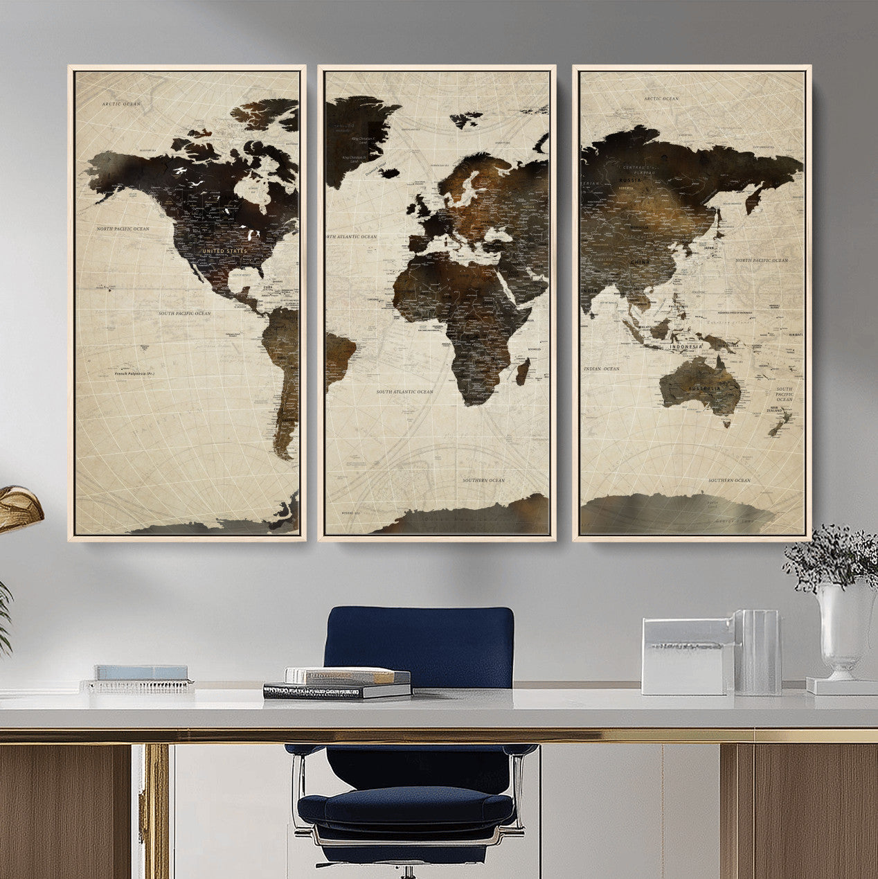 81771296-MGV-FC-48X32-3P - World Map Wall Art Canvas Print, Modern Decorative Framed Map Artwork Prints for Living Room, Office, Bedroom Wall Decor
