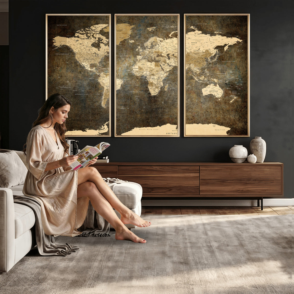 89742472-MGV-CV-36X24 - Large Framed Vintage World Map Wall Art Print for Home Wall