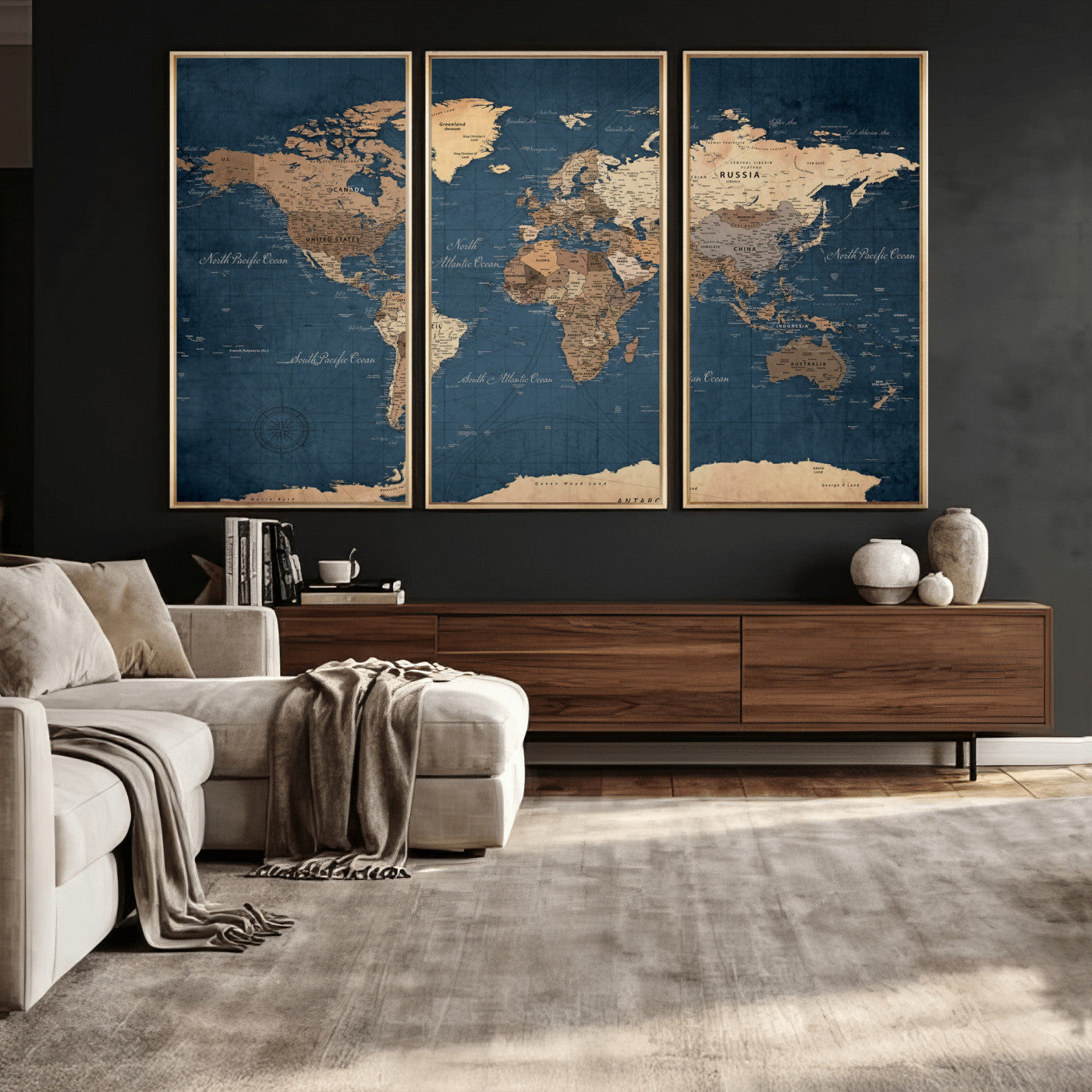 69886352-MGV-CV-36X24 - World Map Wall Art Canvas Print, Modern Decorative Framed Map Artwork Prints for Living Room, Office, Bedroom Wall Decor