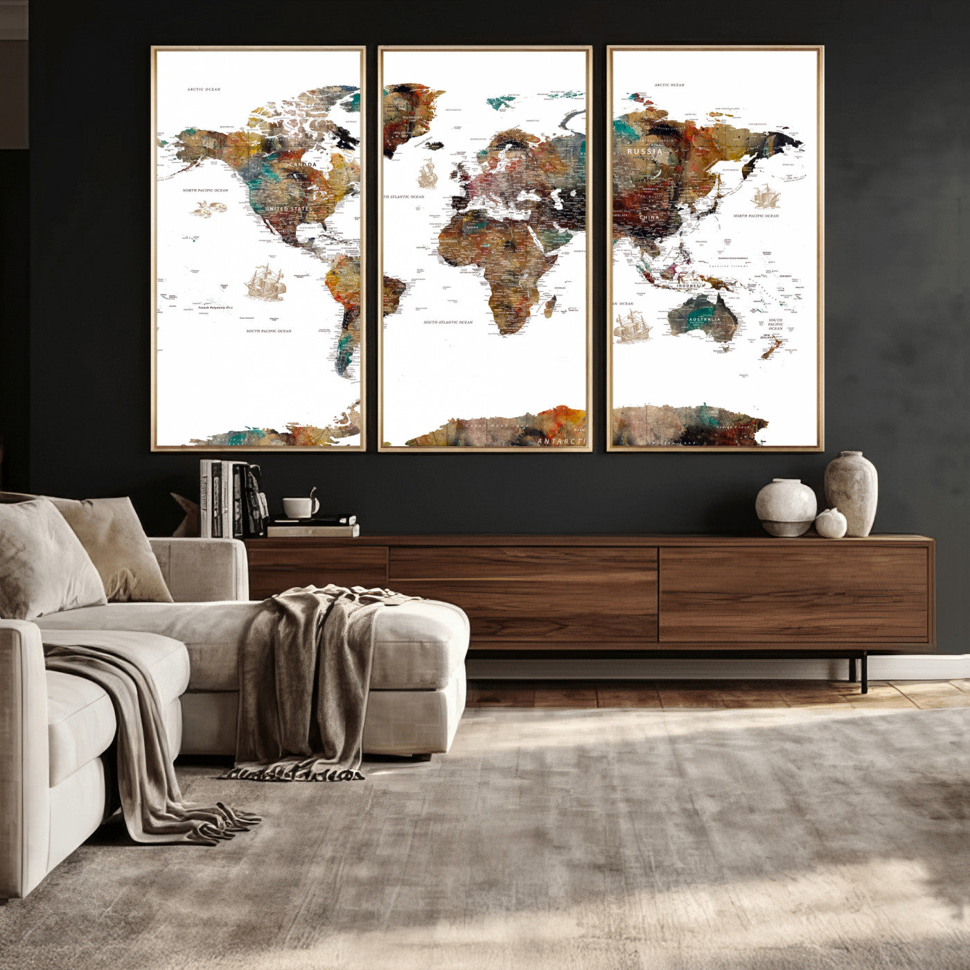82293175-MGV-CV-36X24 - World Map Wall Art Canvas Print, Modern Decorative Framed Map Artwork Prints for Living Room, Office, Bedroom Wall Decor