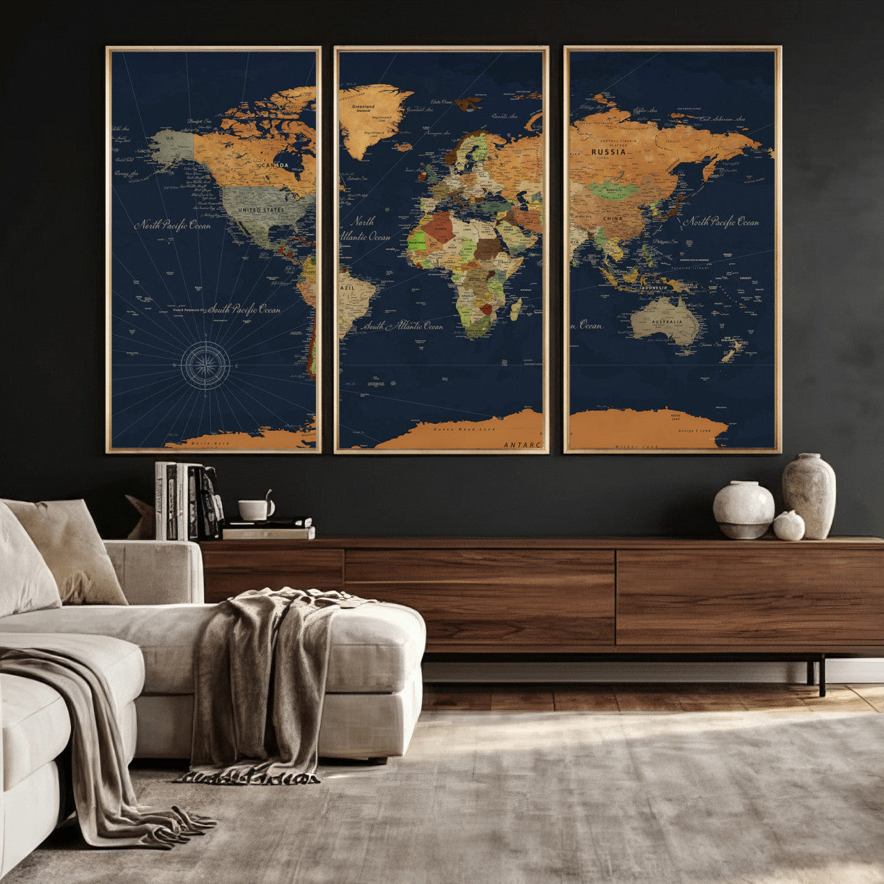 11715182-MGV-CV-36X24 - World Map Wall Art Canvas Print, Modern Decorative Framed Map Artwork Prints for Living Room, Office, Bedroom Wall Decor