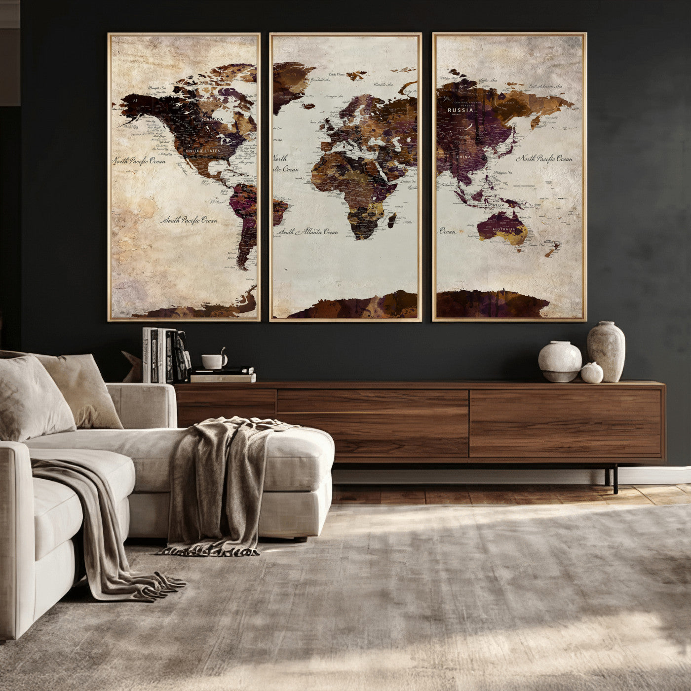 50611123-MGV-CV-36X24 - World Map Canvas Triptych – Colorful Global Wall Art for Living Rooms, Offices, and Study Spaces