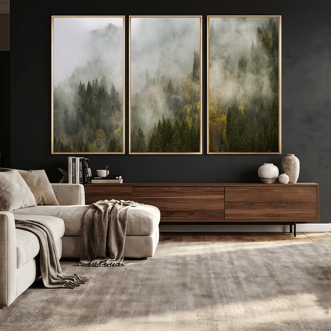 31152954-MGV-CV-36X24 - Misty Mountain Forest Canvas Print, Foggy Pine Trees Nature Wall Art, Framed Canvas Ready to Hang