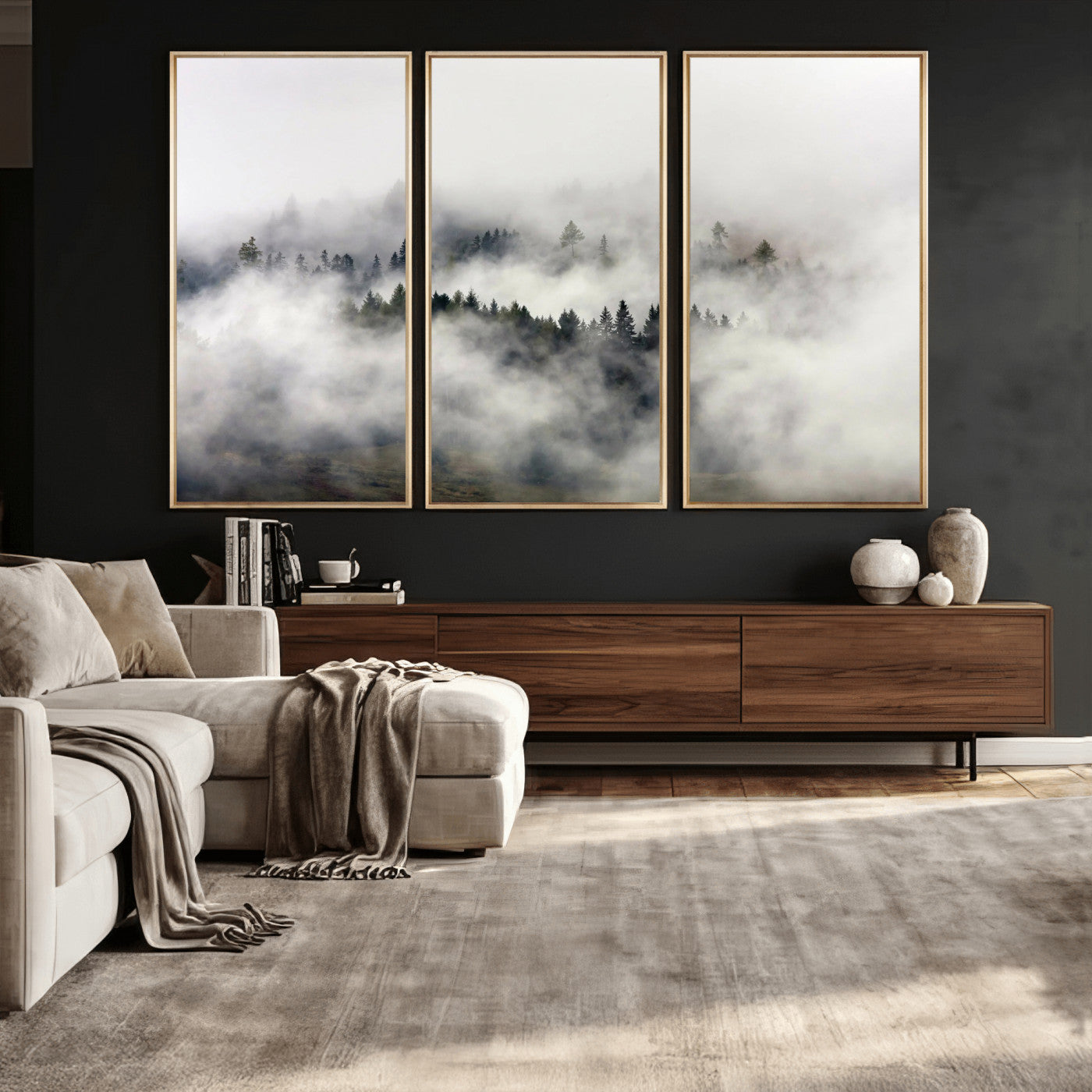 63235457-MGV-CV-36X24 - Foggy Forest Wall Art Canvas Print, Misty Pine Tree Landscape Wall Art Print, Framed Wall Art Ready to Hang