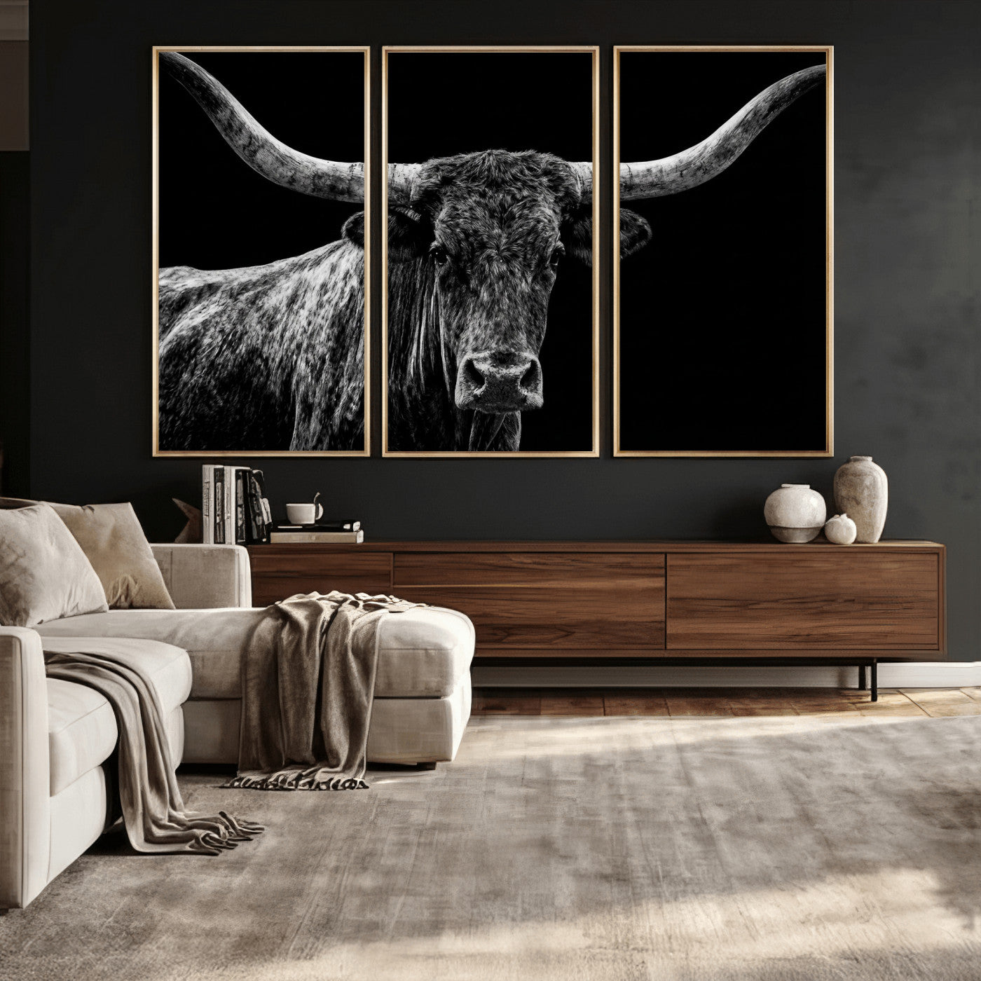 86568508-MGV-CV-36X24 - Vintage Texas Longhorn Bull Wall Art Canvas Print, Texas Cow Portrait Print, Framed Bull Wall Art Ready to Hang