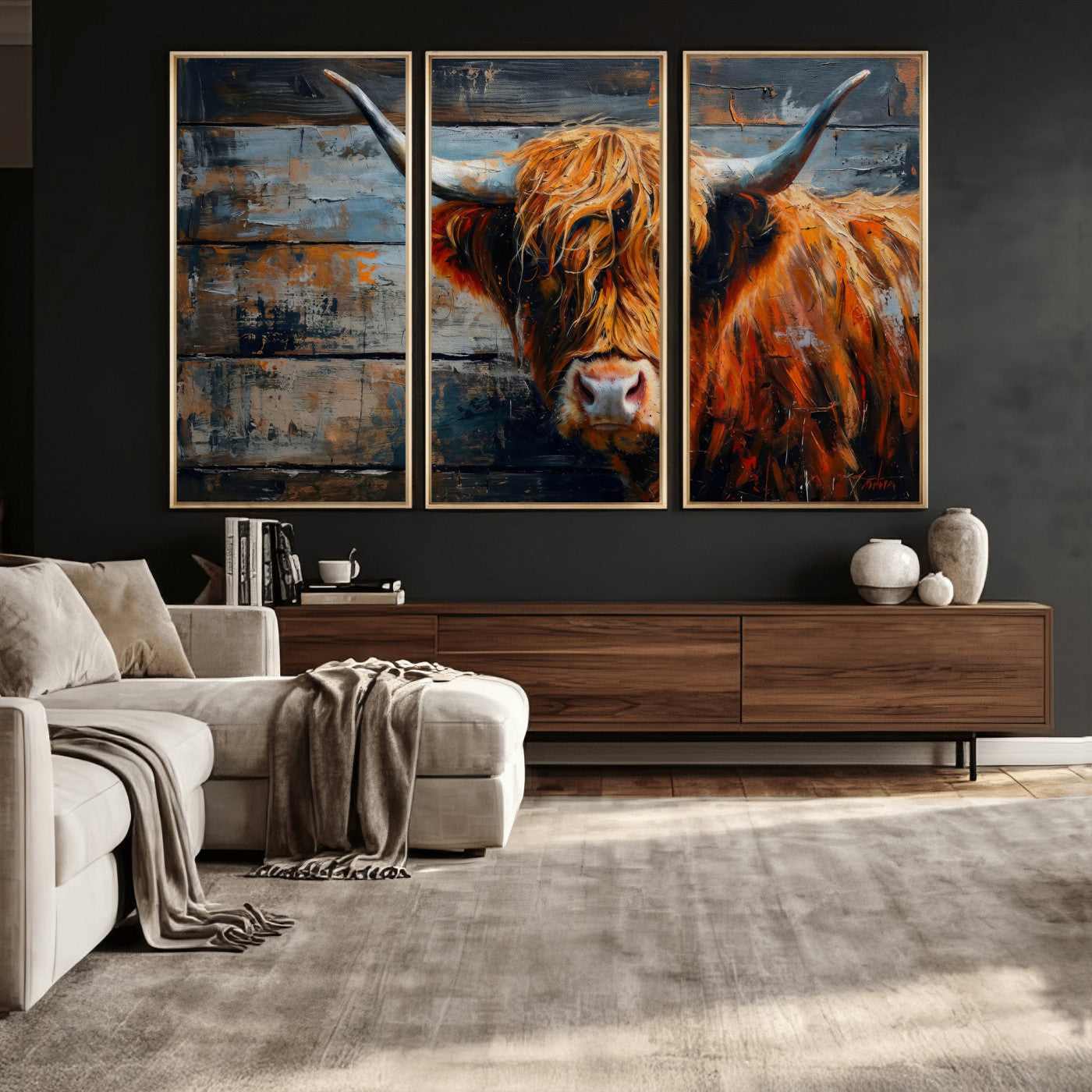 90271423-MGV-CV-36X24 - Highland Cow Wall Art Canvas Print, Abstract Rustic Farm Animal Wall Art Print, Framed Wall Art Ready to Hang