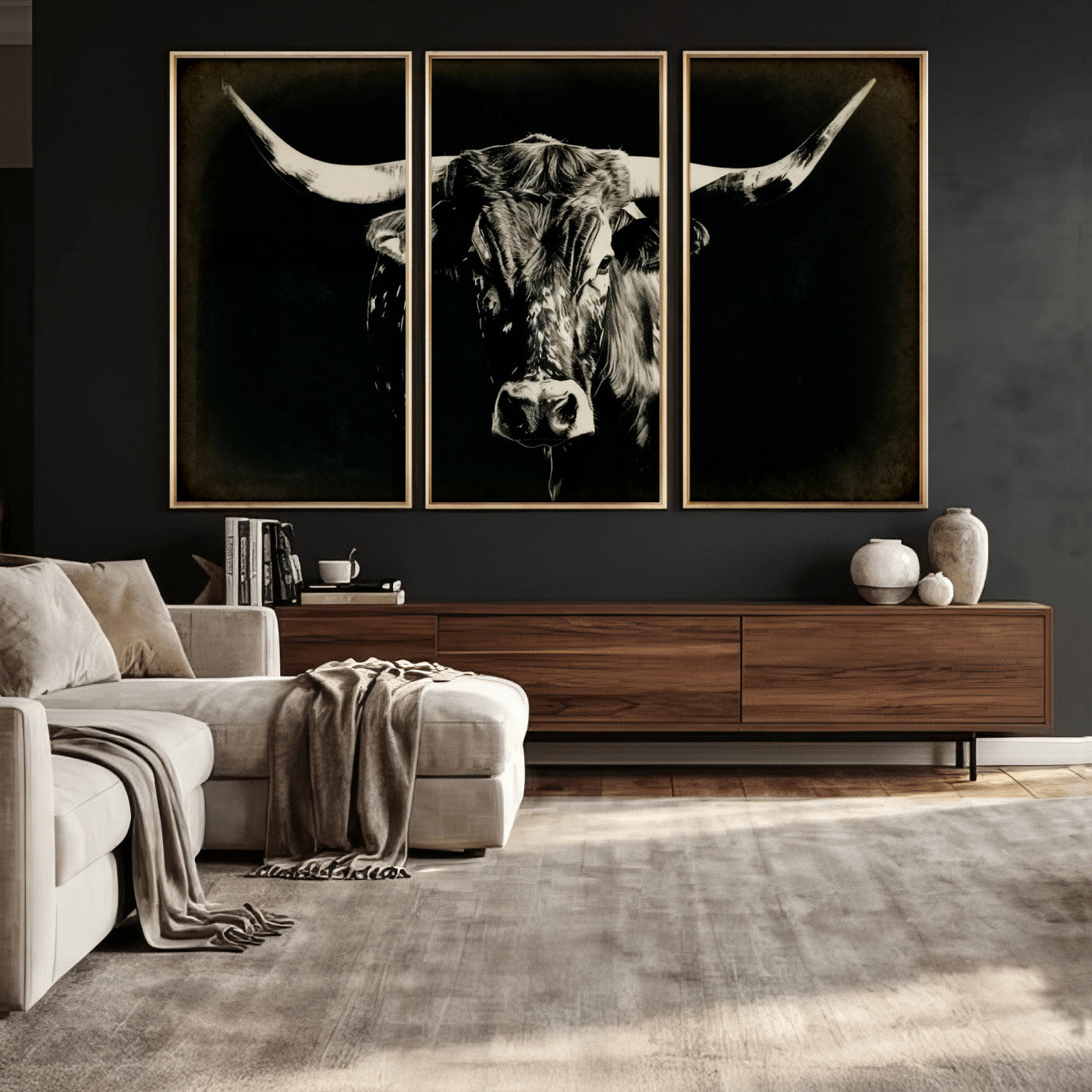 91364114-MGV-CV-36X24 - Black Bull Wall Art Canvas Print, Texas Longhorn Portrait Print, Framed Wall Art Ready to Hang