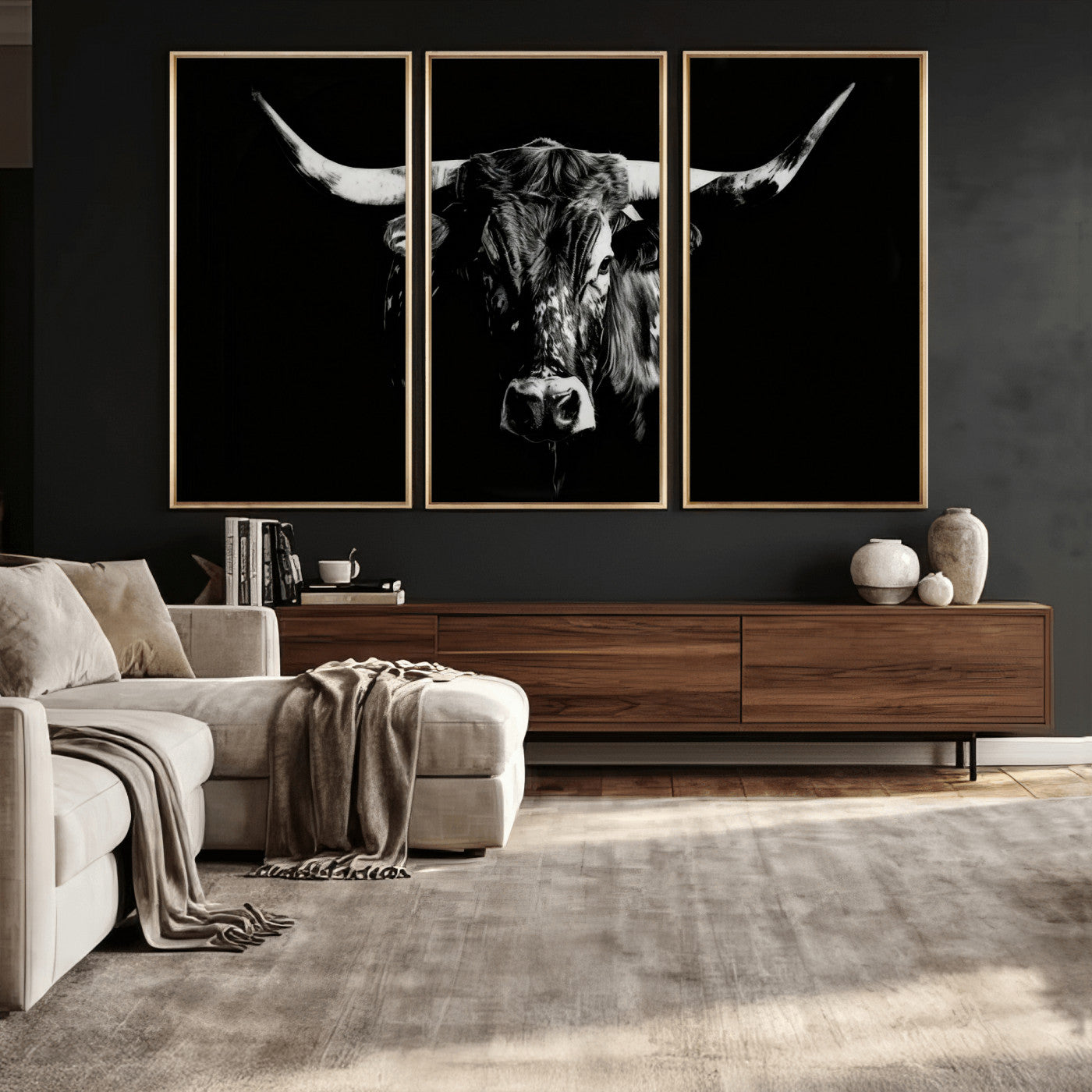 21436434-MGV-CV-36X24 - Black Bull Wall Art Canvas Print, Dark Longhorn Portrait Photography, Framed Wall Art Ready to Hang