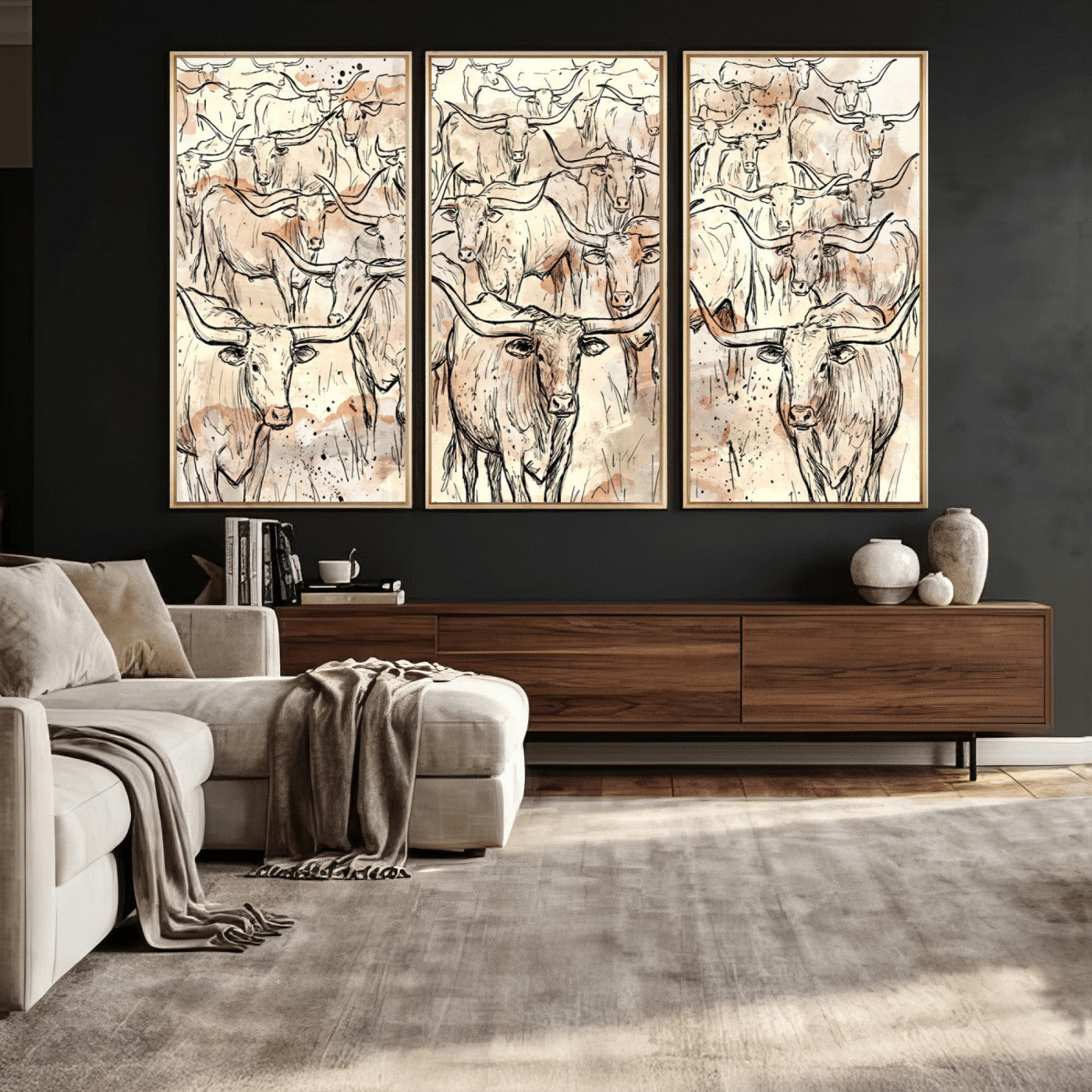 94055403-MGV-CV-36X24 - Farmhouse Animals Wall Art Canvas Print - Abstract Farm Animal Drawing Mid-Century Wall Art for Cabin Decor