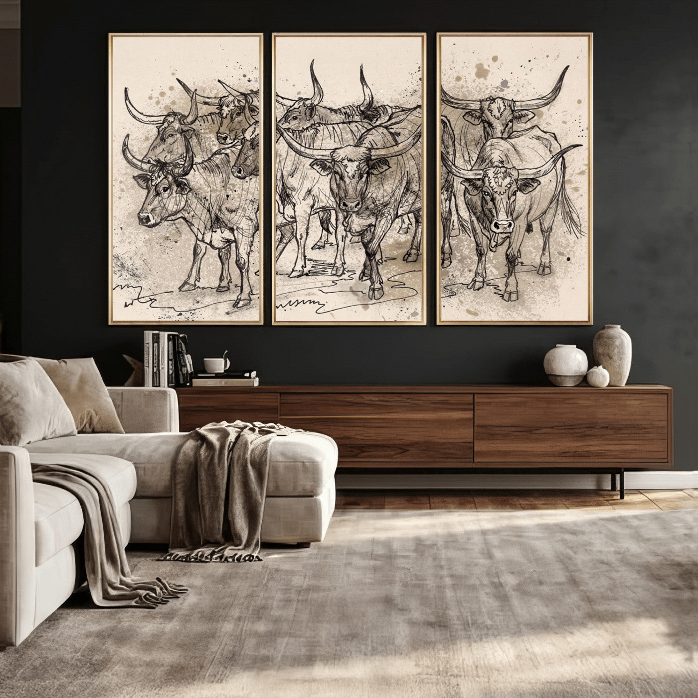 74232558-MGV-CV-36X24 - Farmhouse Animals Wall Art Canvas Print - Abstract Farm Animal Drawing Mid-Century Wall Art for Cabin Decor