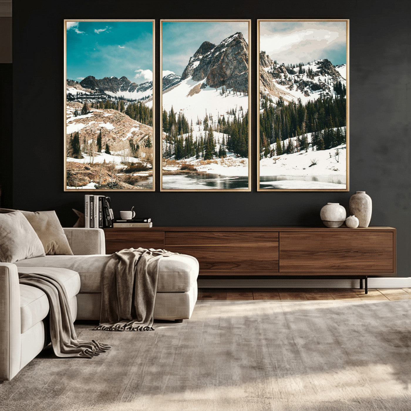 56837070-MGV-CV-36X24 - Snowy Mountain Landscape Wall Art Canvas Print, Alpine Pine Forest Winter Nature Wall Decor for Living Room and Office