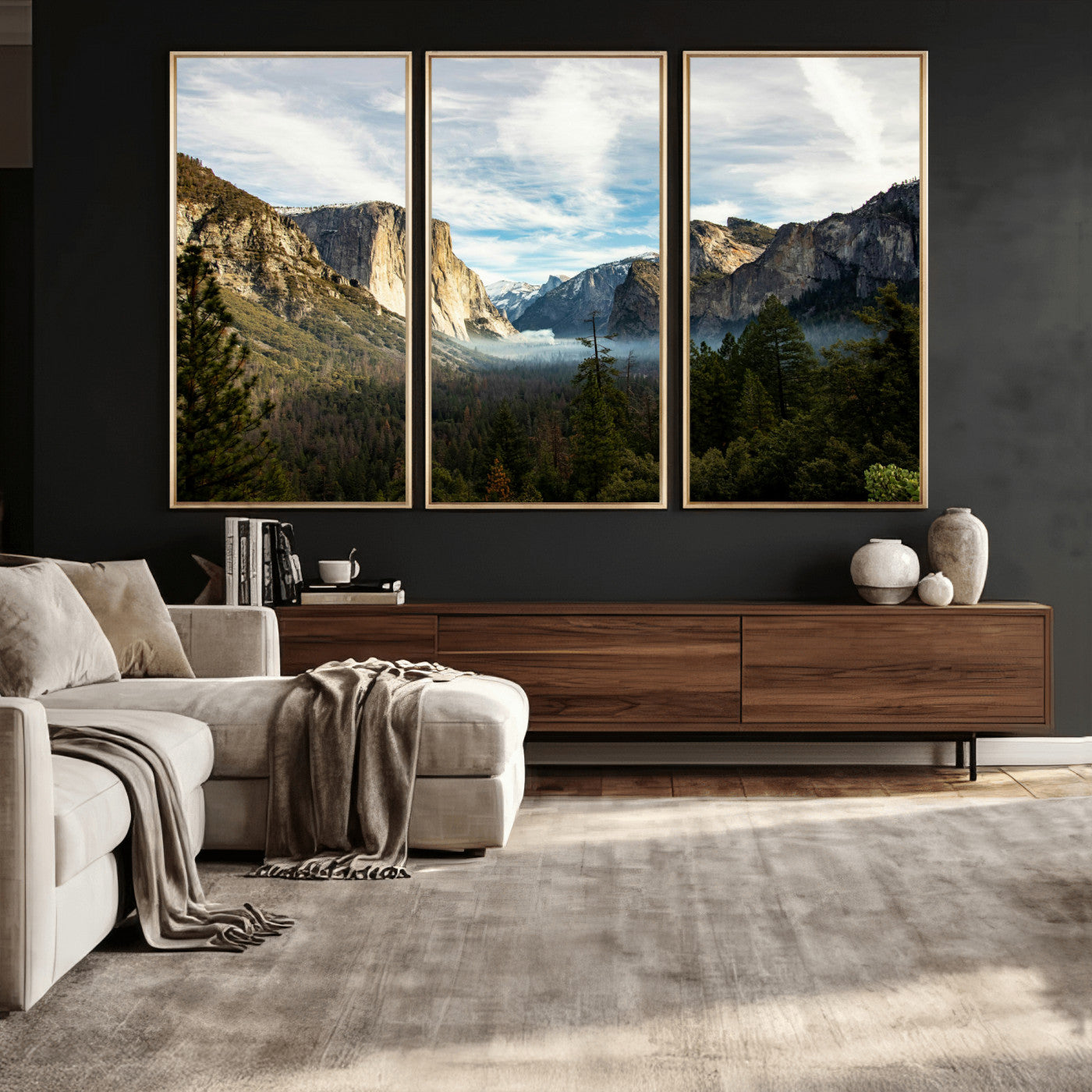 15089394-MGV-CV-36X24 - Yosemite Valley Mountain Landscape Wall Art Canvas Print, Granite Cliff Forest Valley Canvas Print, California National Park Scenic Art Printing