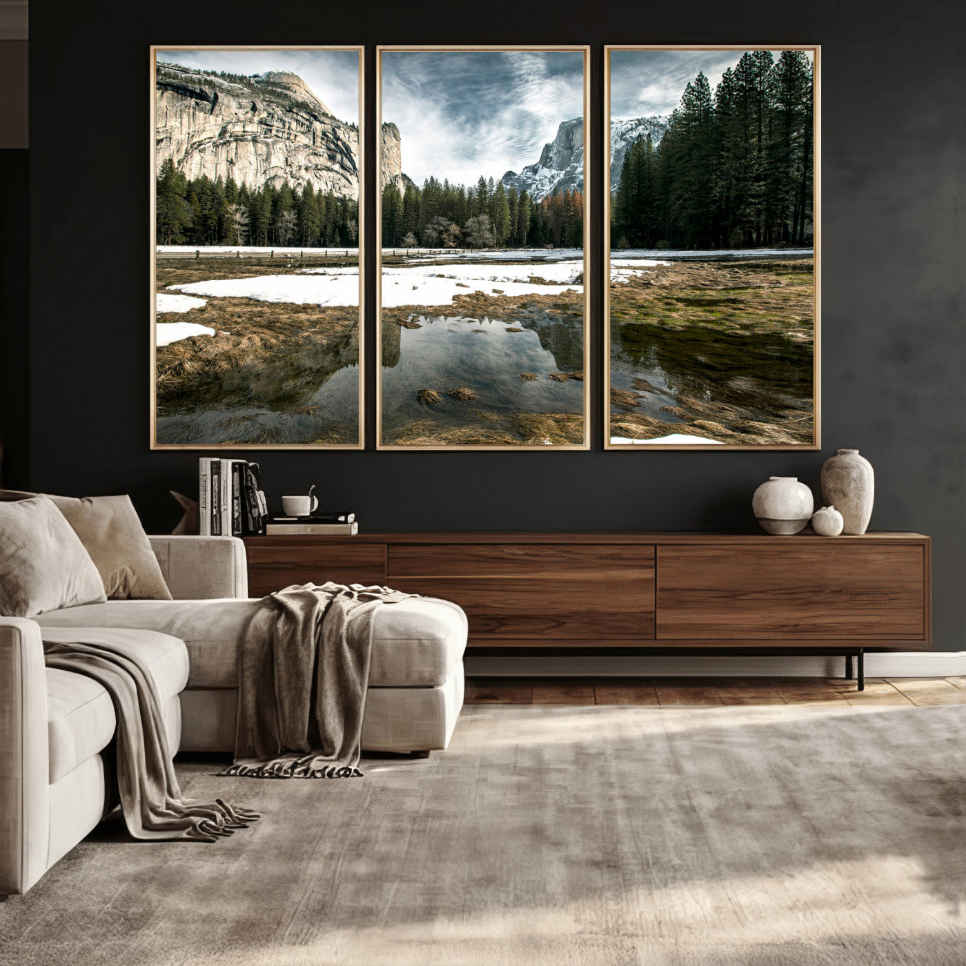 14527348-MGV-CV-36X24 - Yosemite Valley Mountain Landscape Wall Art Canvas Print, Granite Cliff Forest Valley Canvas Print, California National Park Scenic Art Printing