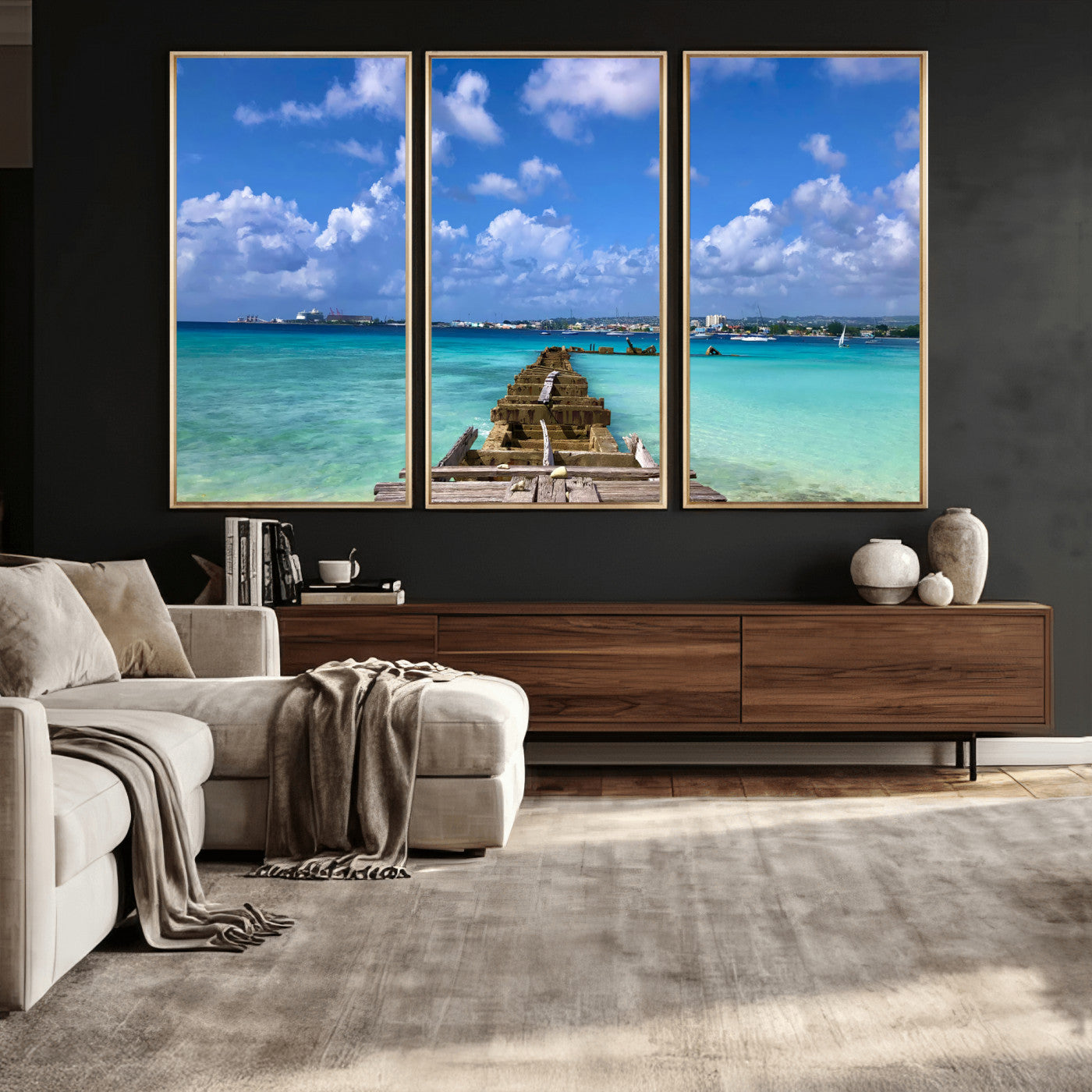 43165024-MGV-CV-36X24 - Caribbean Ocean Pier Seascape Wall Art Canvas Print, Turquoise Sea Tropical Harbor Canvas Print, Island Coastal Blue Water Scenic Art Printing
