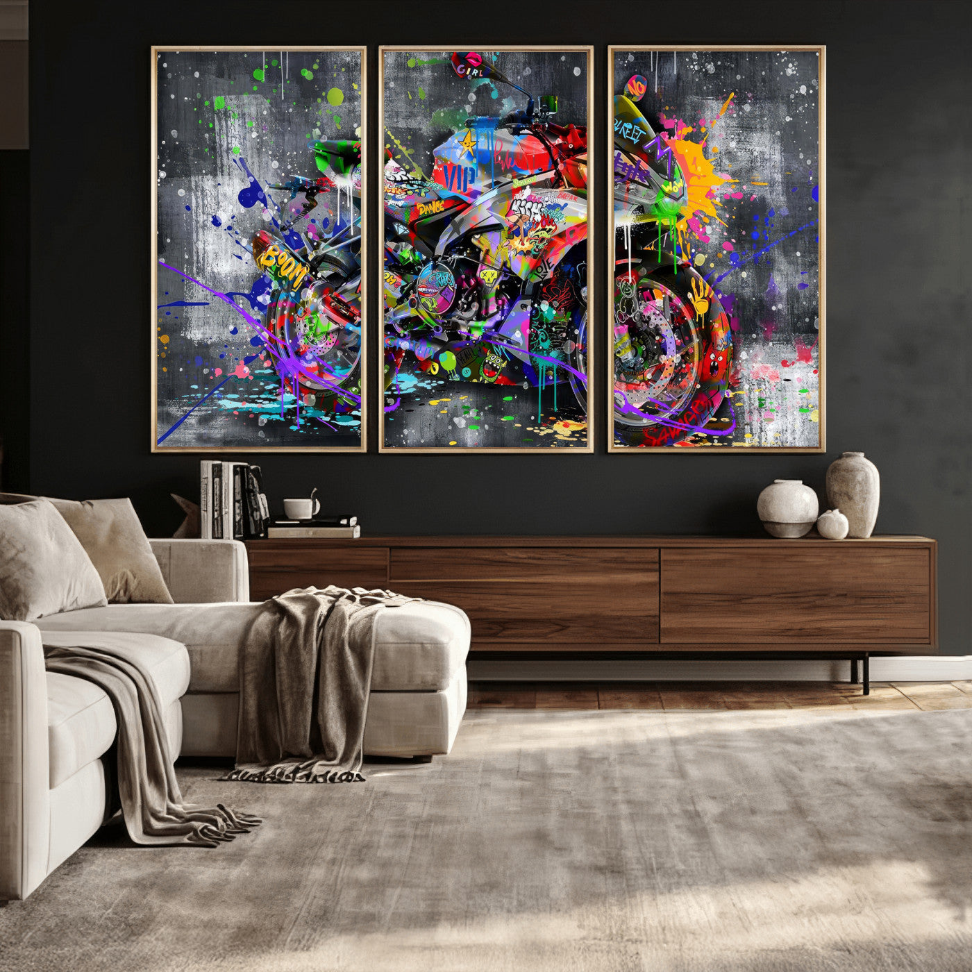 83021767-MGV-CV-36X24 - Graffiti Motorcycle Wall Art Canvas Print, Urban Street Art Motorbike Decor, Colorful Graffiti Sports Bike Artwork