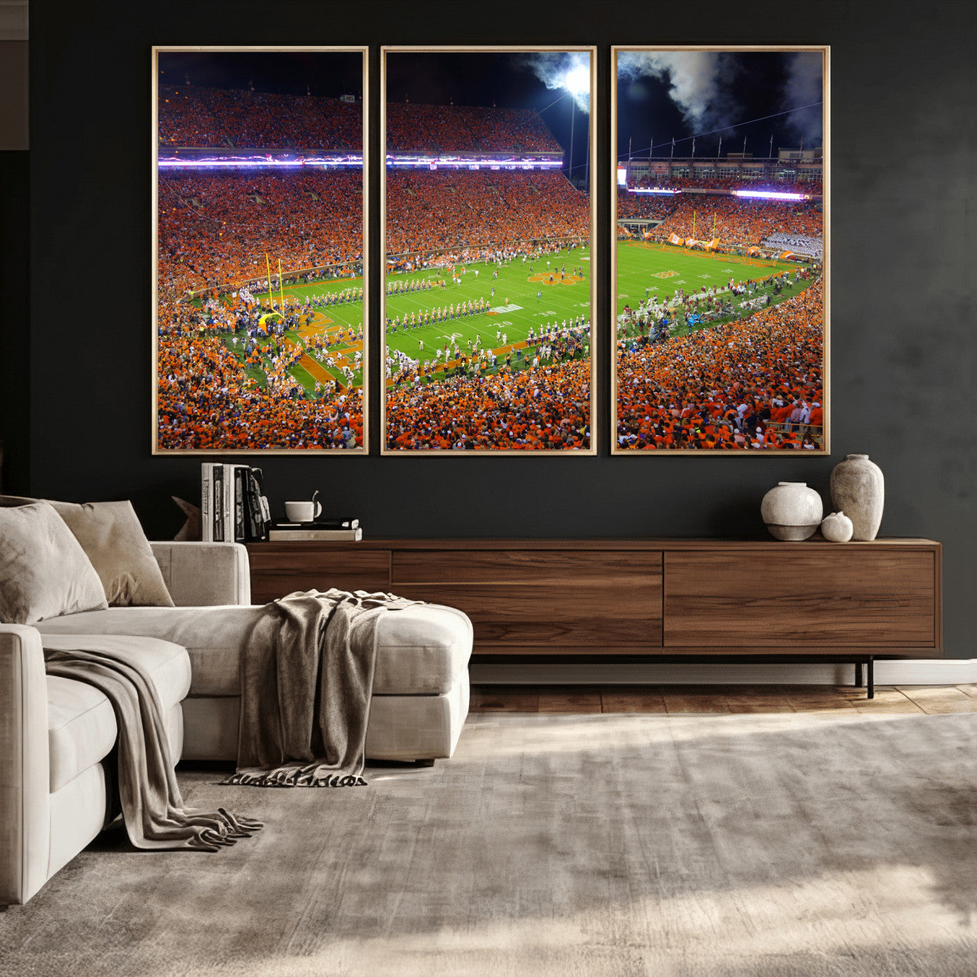 43662631-MGV-CV-36X24 - Clemson Football Stadium Wall Art Canvas Print, College Football Crowd Night Game Scene, Orange Stadium Panorama Wall Decor