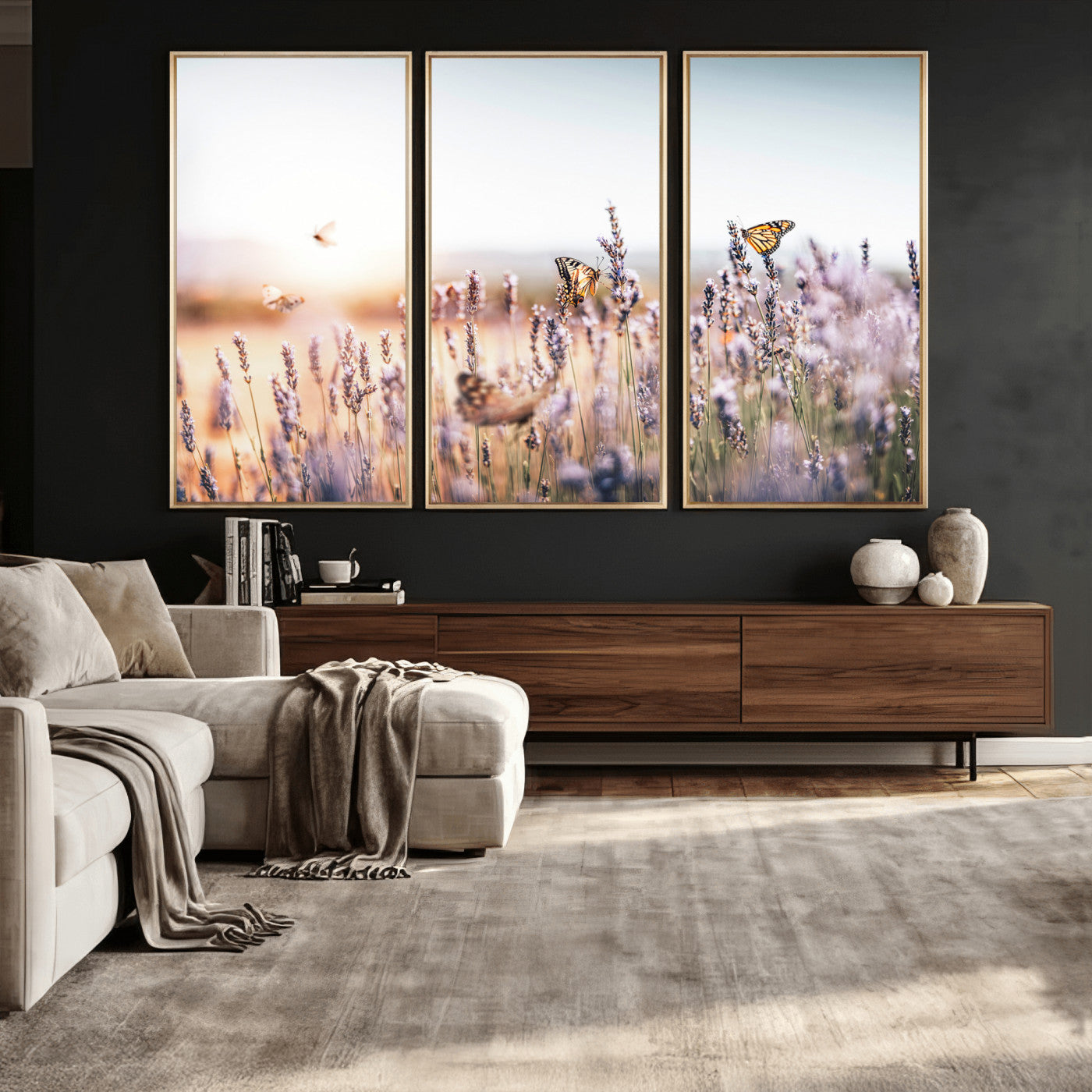 46417478-MGV-CV-36X24 - Lavender Field Wall Art Canvas Print, Butterfly Floral Landscape Art, Soft Nature Wall Decor for Bedroom