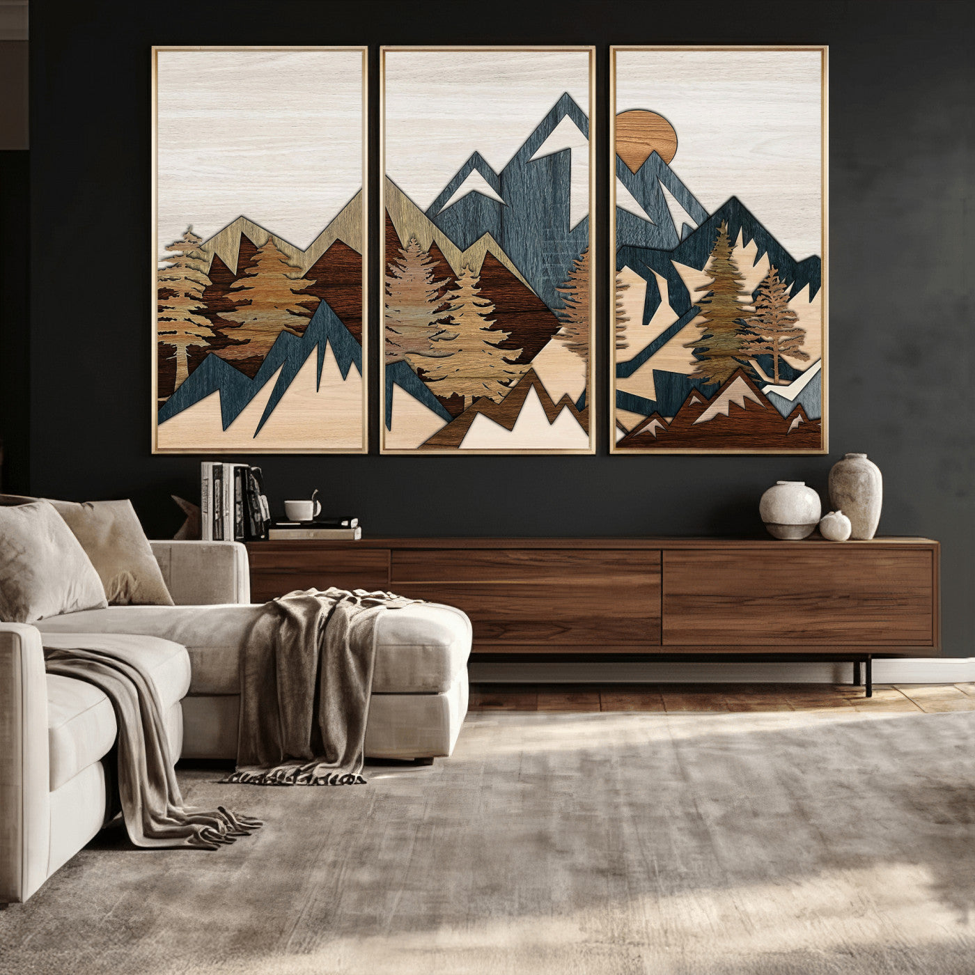 61833055-MGV-CV-36X24 - Mountain Forest Wall Art Canvas Print, Layered Wood Landscape Artwork, Rustic Nature Wall Decor for Living Room