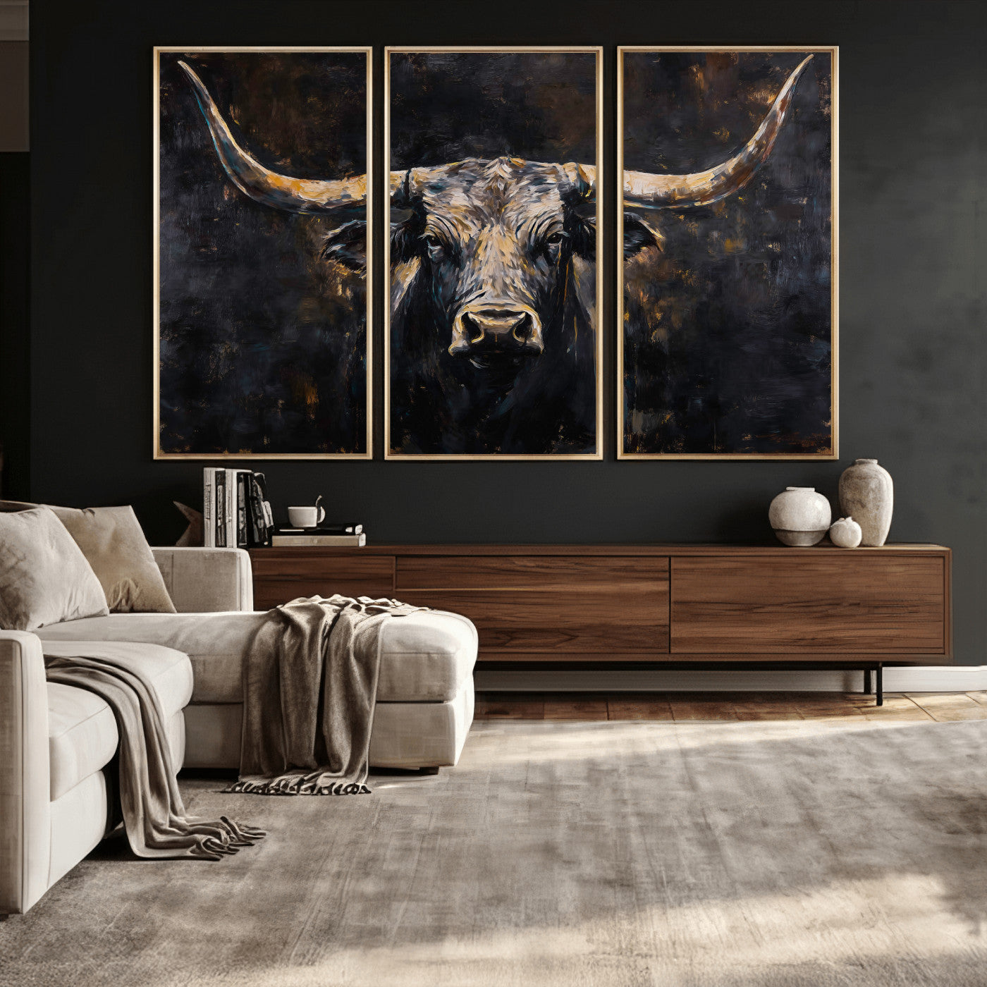 17622011-MGV-CV-36X24 - Abstract Longhorn Bull Wall Art Canvas Print – Dark Rustic Western Cattle Artwork for Farmhouse, Ranch, Cabin, and Office Decor