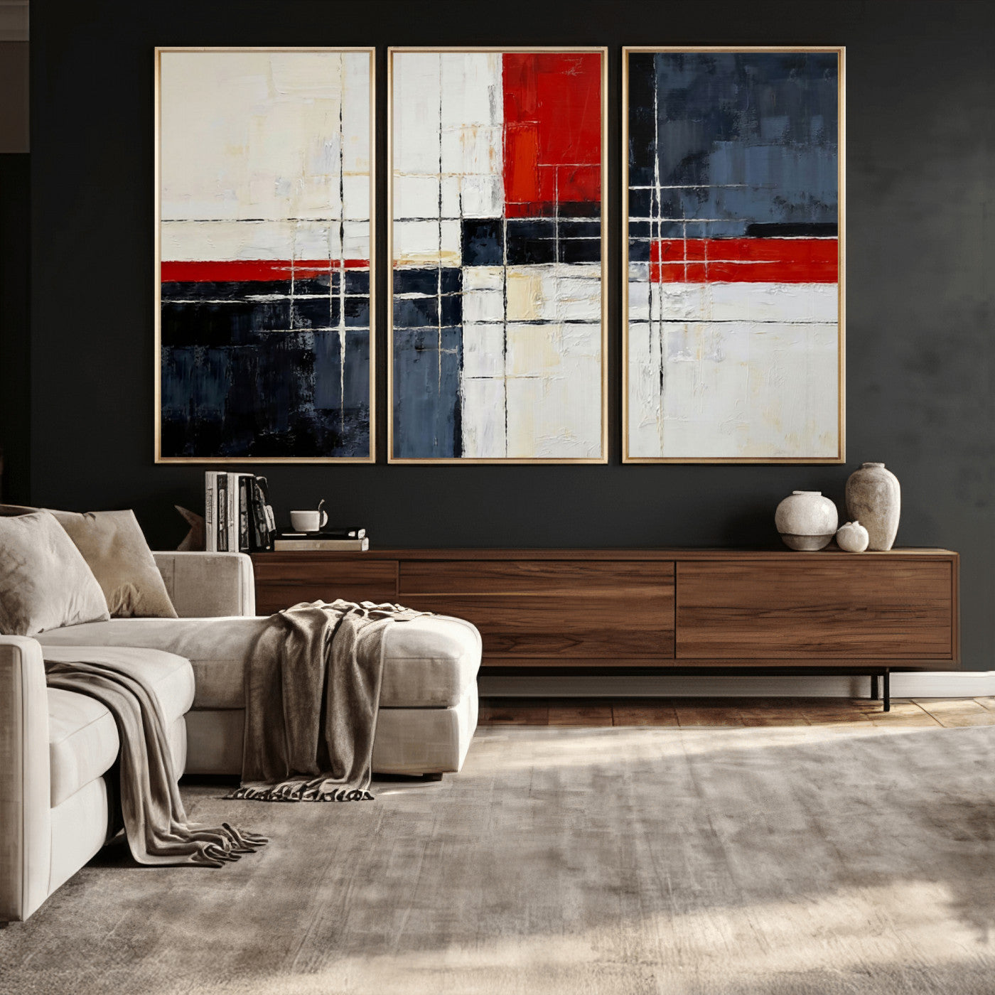 44088165-MGV-CV-36X24 - Navy Red Abstract Wall Art Canvas Print, Modern Luxury Geometric Painting Wall Decor for Living Room and Office