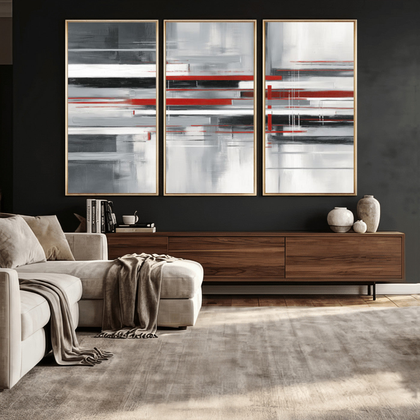 62640681-MGV-CV-36X24 - Gray Red Abstract Wall Art Canvas Print, Modern Abstract Canvas Wall Decor for Contemporary Living Room and Office