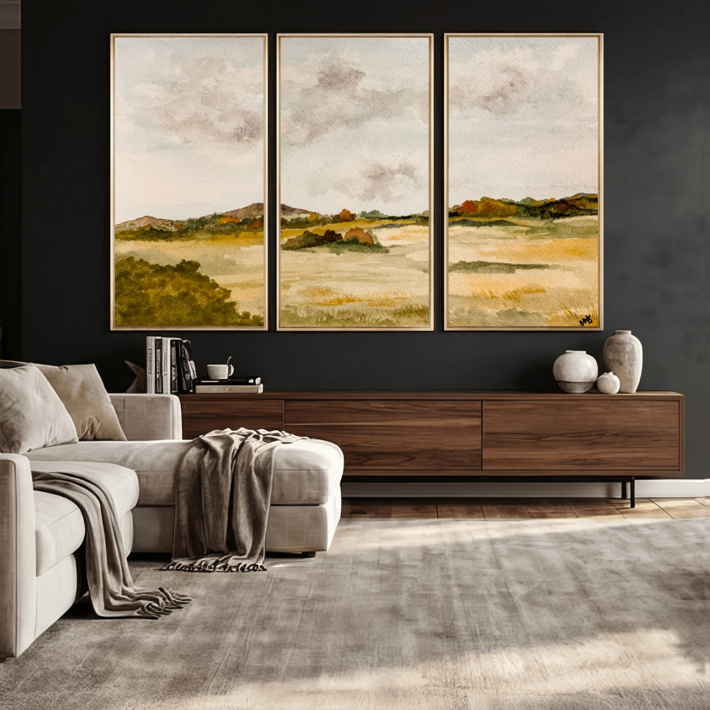 94151004-MGV-CV-36X24 - Watercolor Abstract Countryside Wall Art Canvas Print, Neutral Pastoral Landscape Painting Wall Decor for Modern Farmhouse Interiors