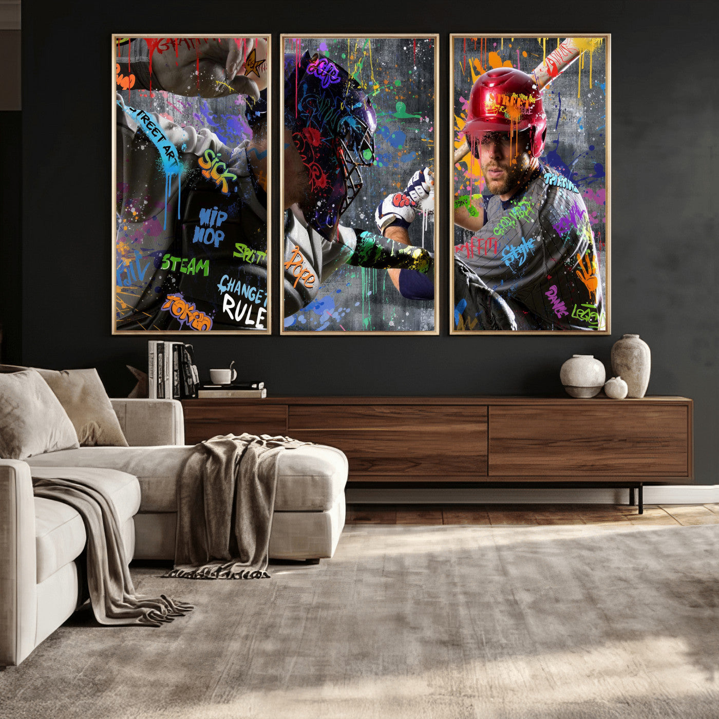 19634994-MGV-CV-36X24 - Graffiti Baseball Player Street Art Wall Art Canvas Print, Urban Sports Pop Art Baseball Canvas Print, Modern Athletic Graffiti Contemporary Art Printing