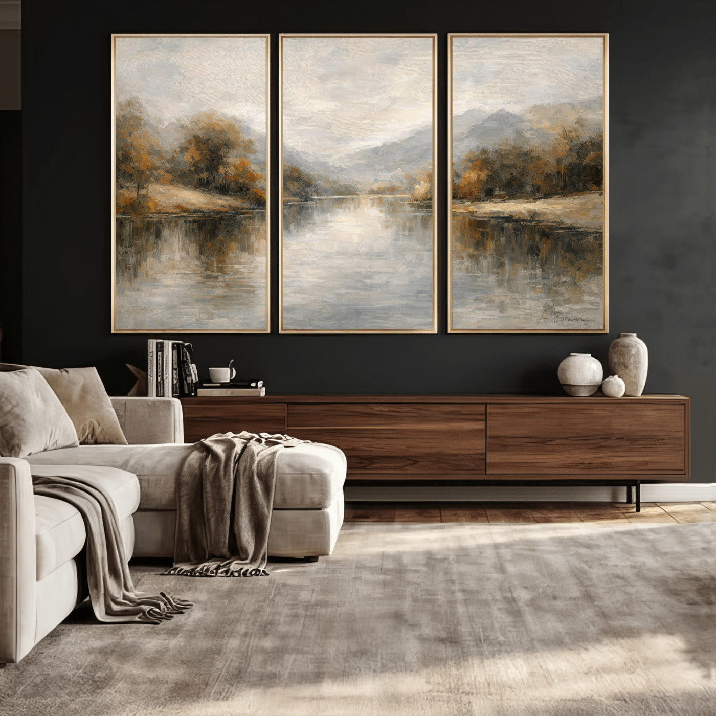 29251761-MGV-CV-36X24 - Neutral Abstract River Landscape Wall Art Canvas Print, Modern Minimal Nature Reflection Canvas Print, Beige Gray Contemporary Mountain Art Printing