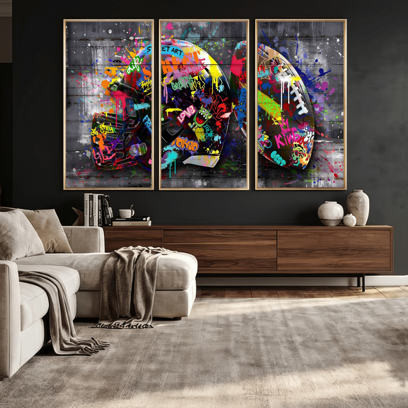 80540773-MGV-CV-36X24 - Graffiti American Football Helmet Street Art Wall Art Canvas Print, Urban Sports Pop Art Football Canvas Print, Colorful Graffiti Sports Contemporary Art Printing