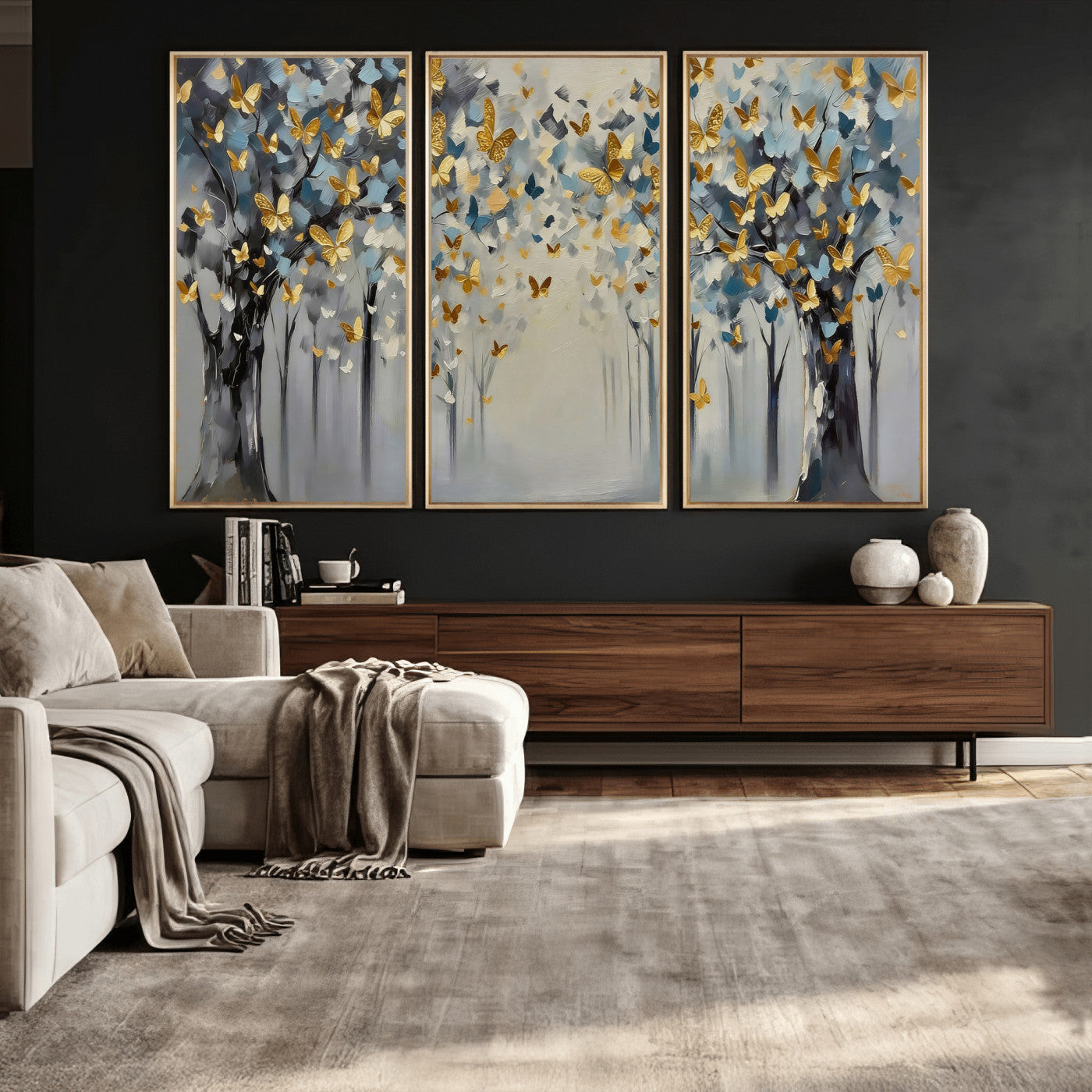 79208191-MGV-CV-36X24 - Golden Butterfly Tree Abstract Wall Art Canvas Print, Modern Elegant Nature Painting Canvas Print, Blue Gold Contemporary Floral Art Printing