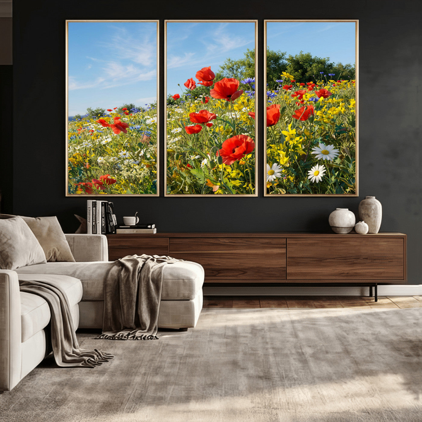 38570784-MGV-CV-36X24 - Wildflower Meadow Wall Art Canvas Print – Colorful Poppy and Daisy Field Landscape Artwork for Living Room Decor