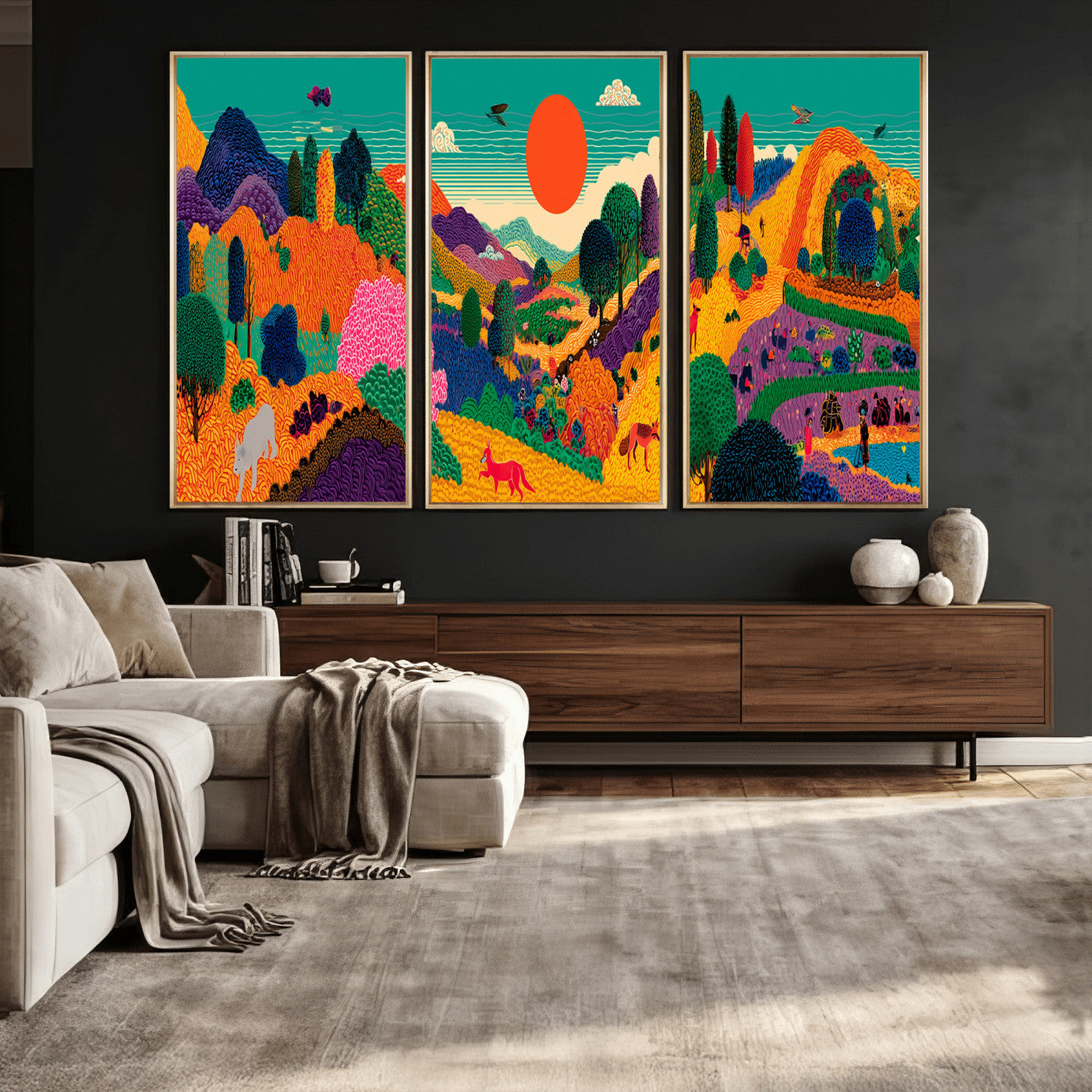 45710397-MGV-CV-48X32-3P - Colorful Japanese Landscape Print: Maximalist Panoramic Wall Art